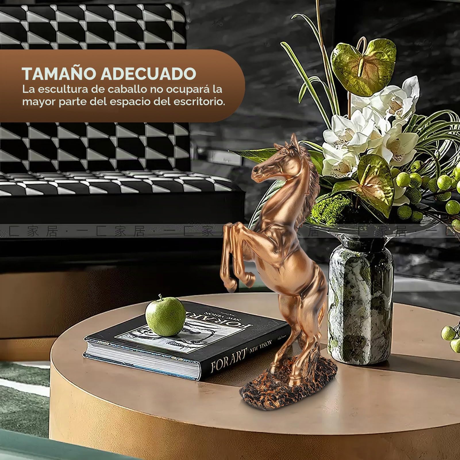 HERCHR Estatua de Caballo de pie Estatua de Resina, Estilo Europeo Escultura decoración Animal, Oro Blanco Cobre Acabado Feng Shui Ornamento para la estantería de Escritorio de la Oficina en el hogar