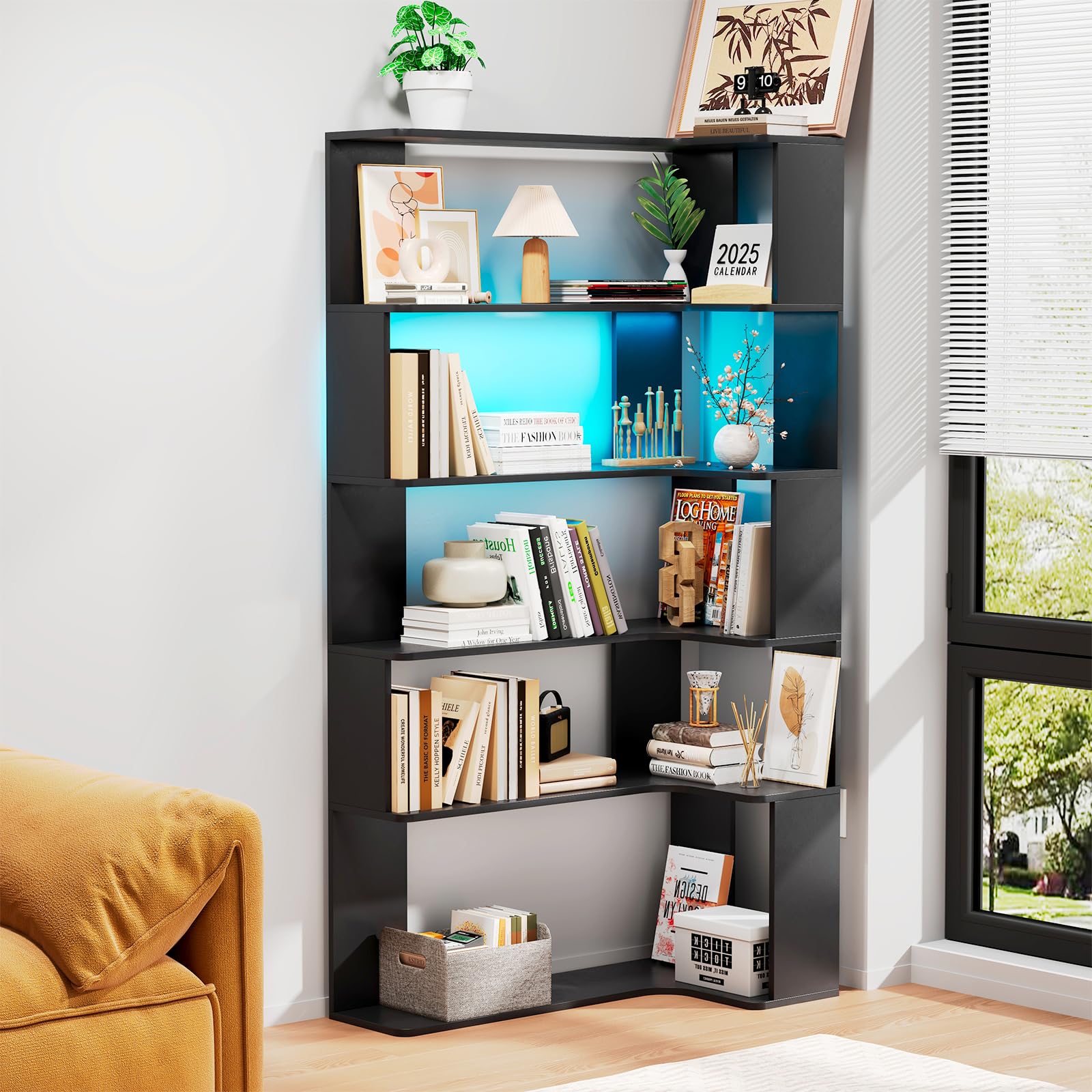 Libreria Angolare con Striscia Luminosa a LED, 5 Ripiano Libreria Nero, scaffale a forma di L, 90 x 48 x 169 cm, Grande Verticale per Soggiorno, Camera da Letto, Ufficio