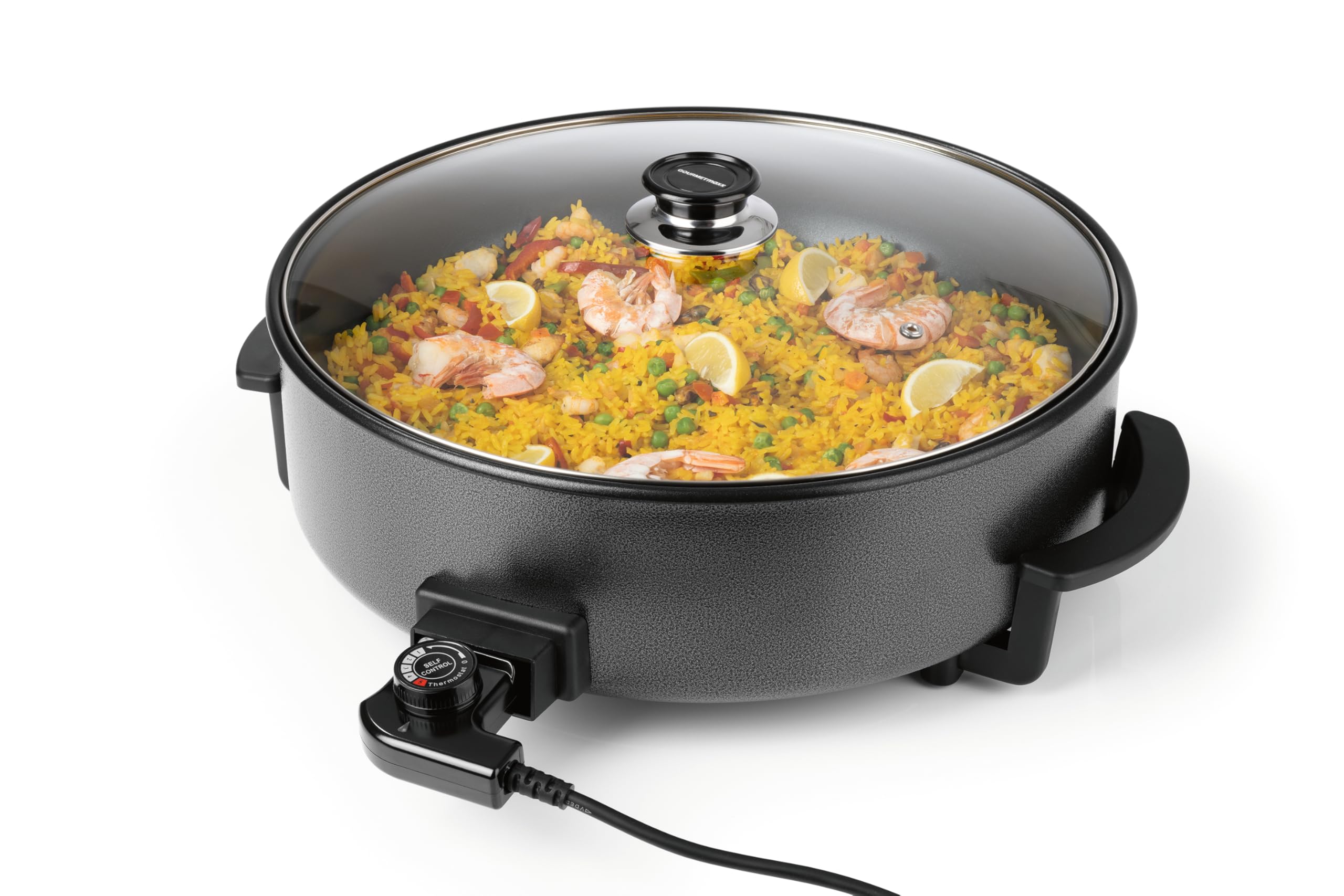 GOURMETmaxx elektrische Pizza-Pfanne mit Thermostat, Glasdeckel & Antihaftbeschichtung | Multifunktionspfanne mit ⌀ 42 cm Durchmesser & 1500 Watt | Pizza Pan - ideal für Partys