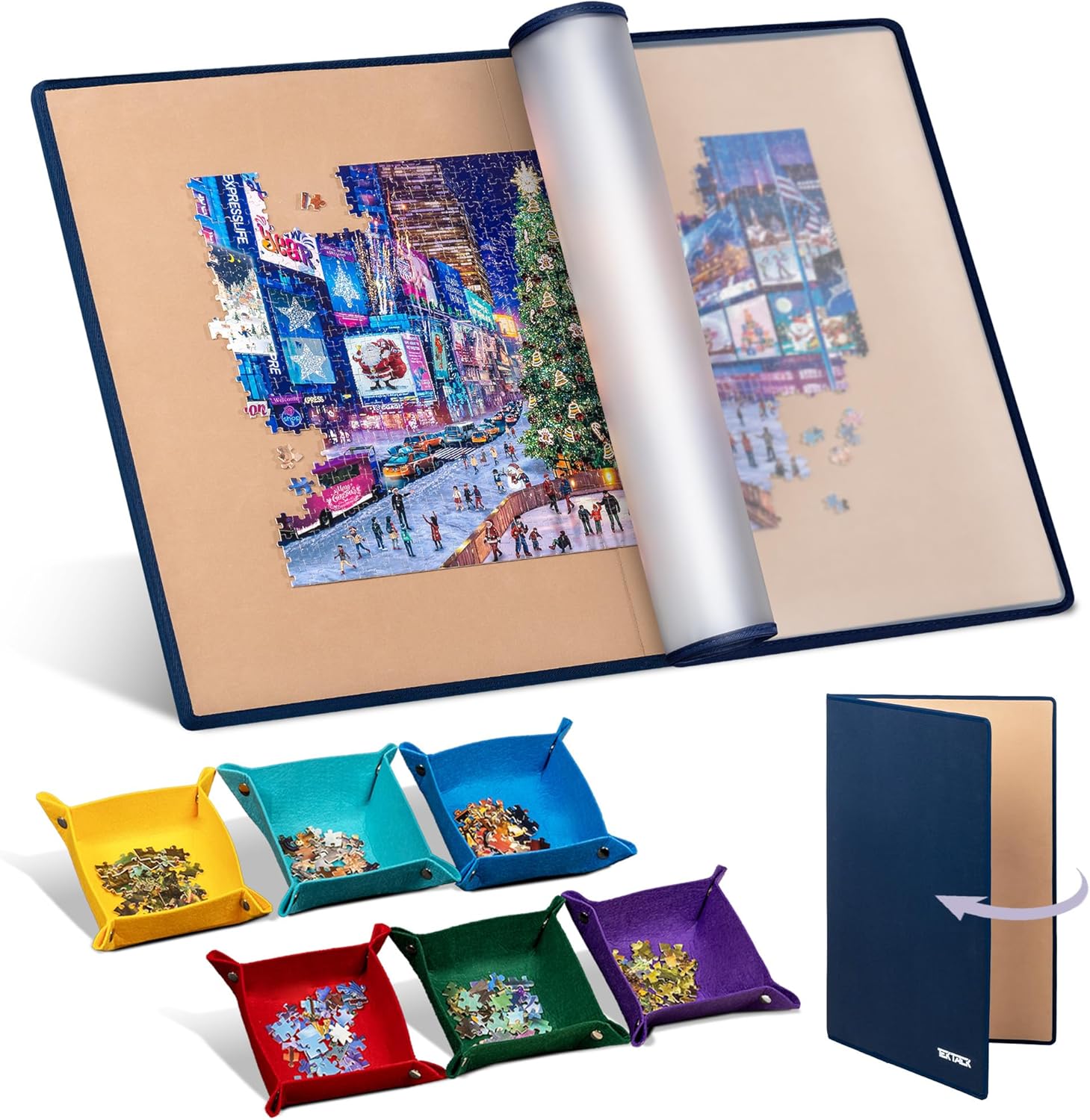 Tektalk Foldable Jigsaw Puzzle Board with 6 Color Sorting Trays Portable Puzzle Mat with Dustproof Cover for Puzzle Storage Saver, Non-Slip Surface, Up to 2000 Pieces - Khaki