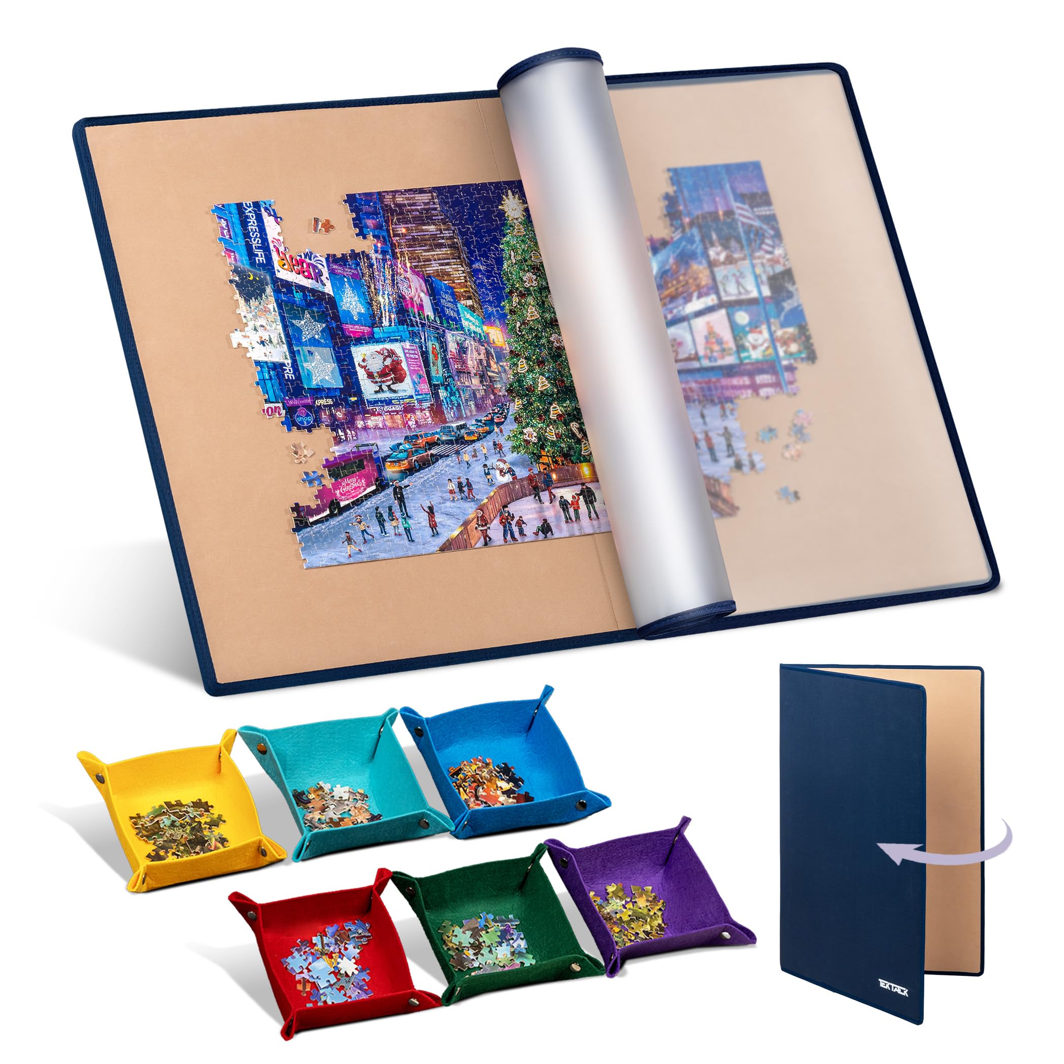 Tektalk Foldable Jigsaw Puzzle Board with 6 Color Sorting Trays Portable Puzzle Mat with Dustproof Cover for Puzzle Storage Saver, Non-Slip Surface,