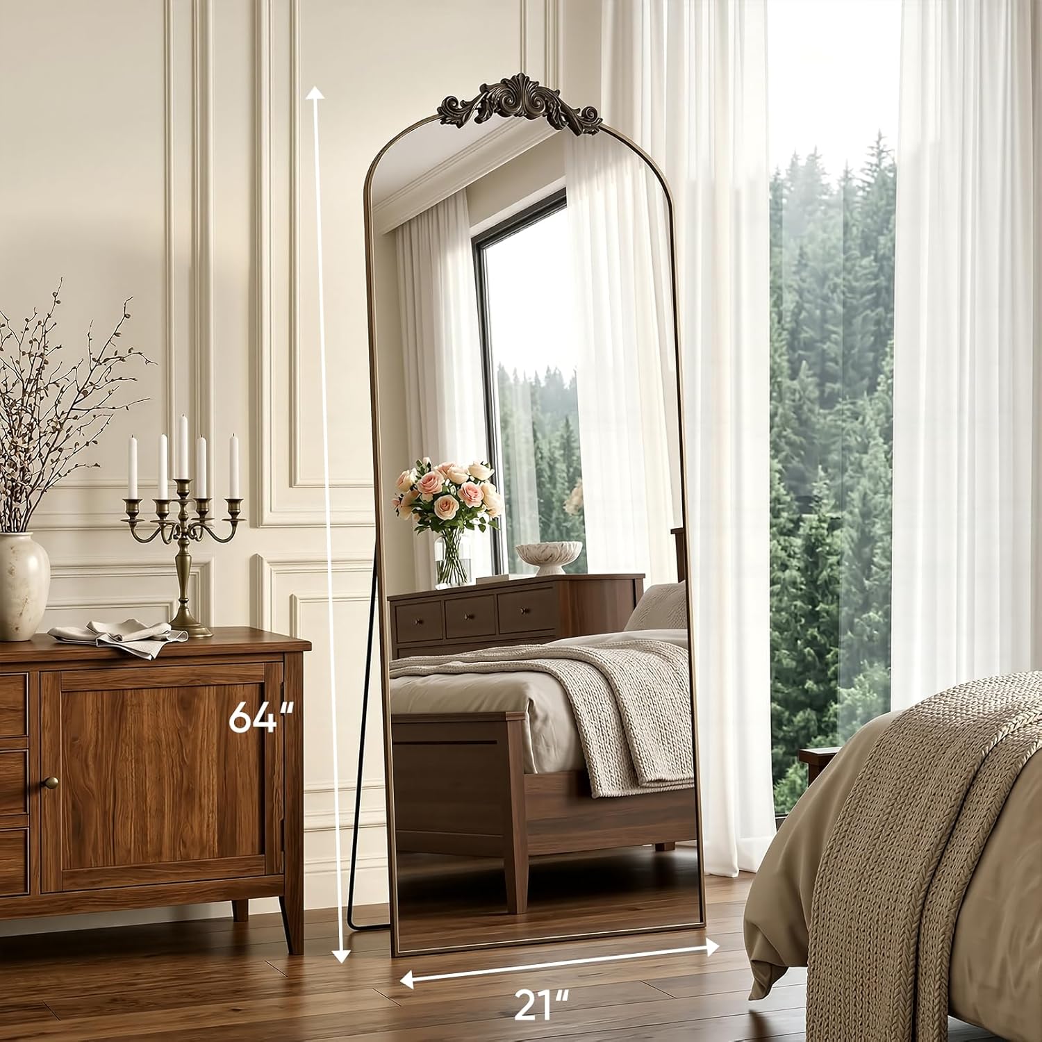 Antok Arched Full Length Mirror, 64"x21" Floor Mirror with Carved, Full Body Mirrors for HomeDecor, Standing/Halling Large Wall Mirror for Bedroom, Living Room, Cloakroom, Bronze, Vintage Style