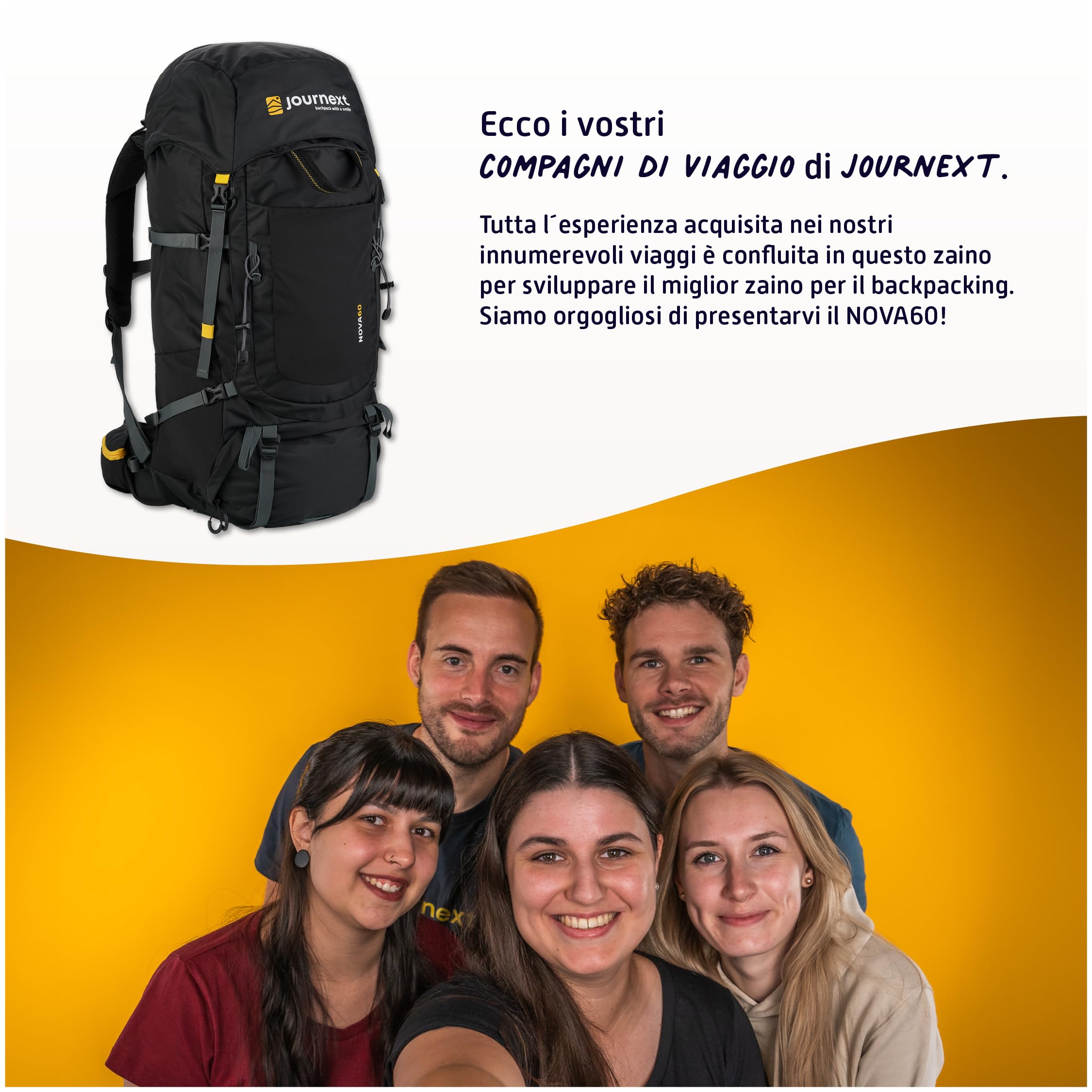 Journext NOVA Zaino da Viaggio 60+10 L | Trekking e Interrail Con Apertura Frontale e Superiore | Campeggio 60 Litri