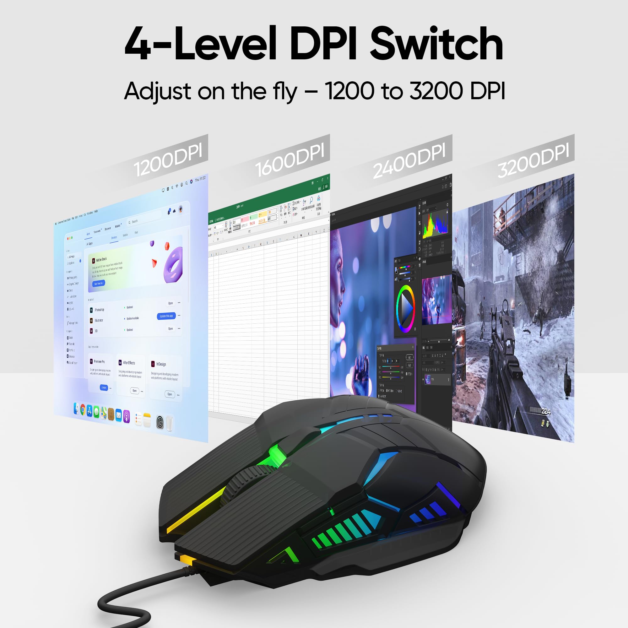 MELOGAGA Ratón óptico para juegos con cable, ligero, USB, con luces LED RGB de 7 colores, 4 DPI ajustables (1200-3200), 6 botones, diseño ergonómico para Windows 7/8/10/XP/Vista y Linux (negro)