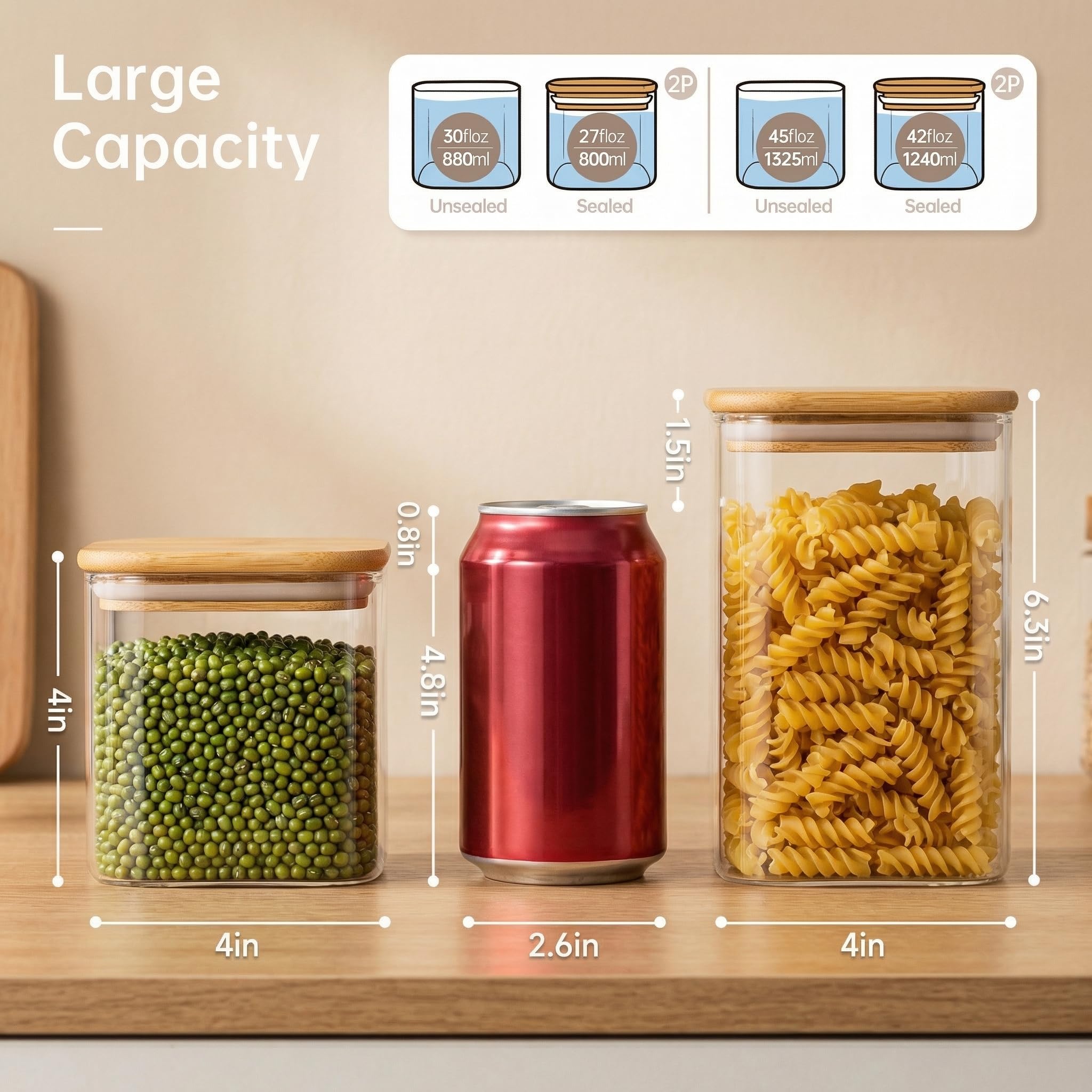HomArtist Barattoli quadrati in vetro con coperchi in bambù, 1,2 l x 2 e 765,4 g x 2 contenitori in vetro con coperchio, contenitori in vetro con coperchio ermetico, contenitori per alimenti in vetro