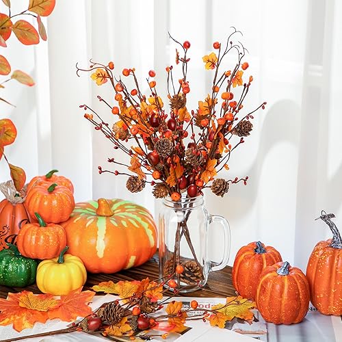 Miniatura 6 de Yunlly 12 piezas de tallos de otoño artificiales de bayas artificiales, hojas de otoño falsas con piñas, hojas de arce, bellotas, planta de otoño
