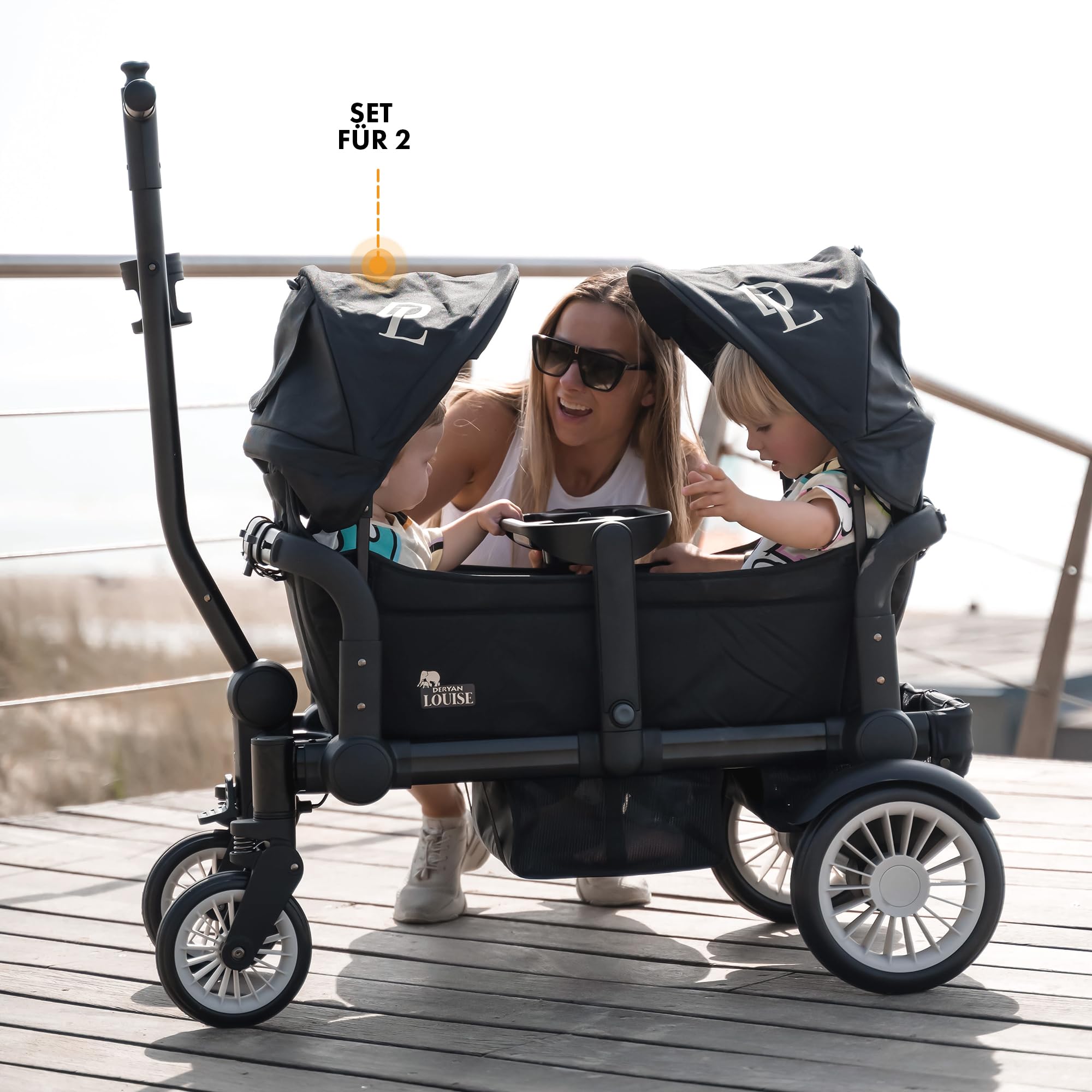 Deryan Sandy Bollerwagen Faltbar für 2 Kinder (9 Monate bis 5 Jahre), Dach Klappbarer Handwagen, Sonnenschutz für Ausflug Strand Camping, abnehmbarem Tablett, Verstellbarer Griff, mit Bremse, Schwarz