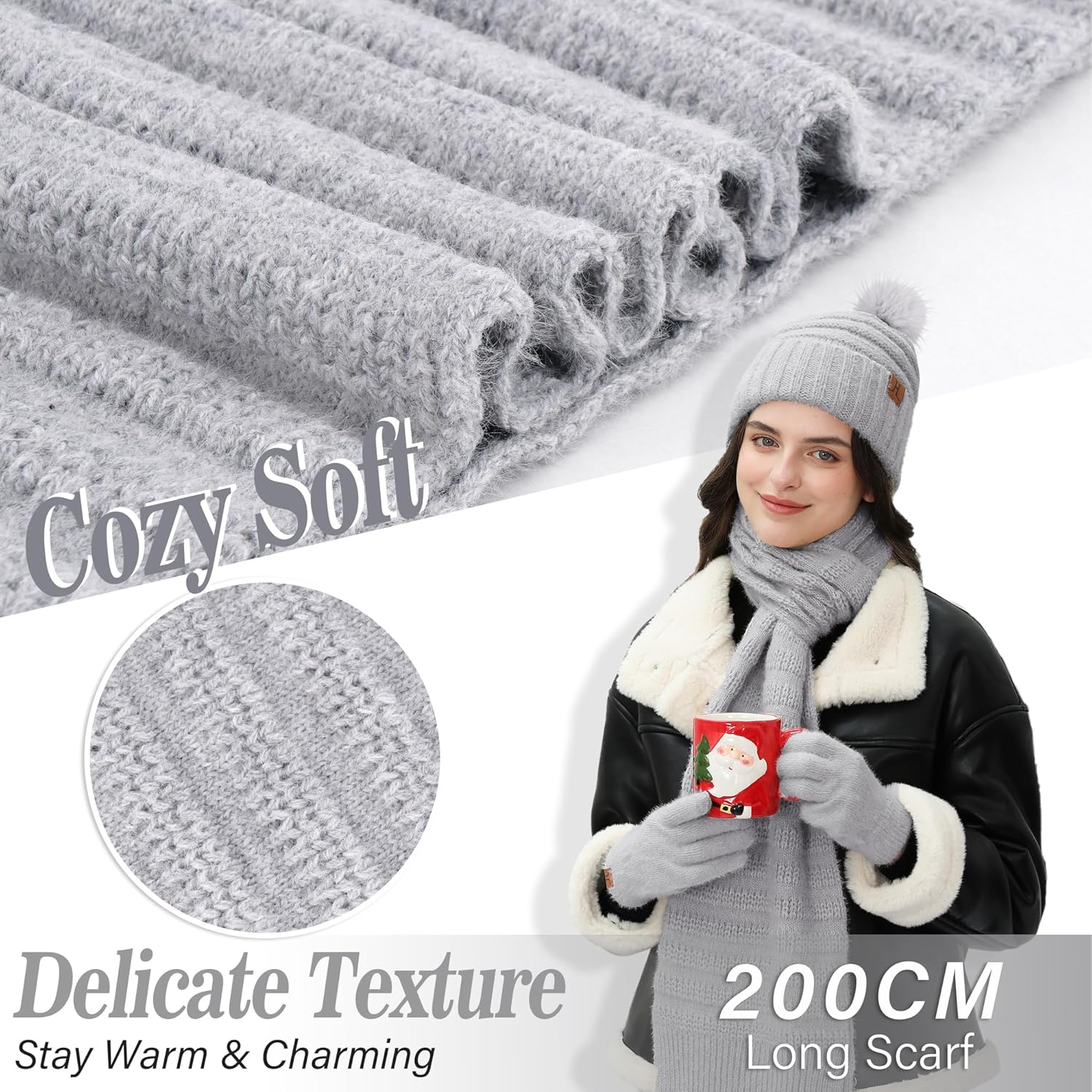 Womens Winter Hats Beanie Touchscreen Gloves Long Scarf Set Knit Warm Caps with Pom Fleece Gifts for Women - Image 4