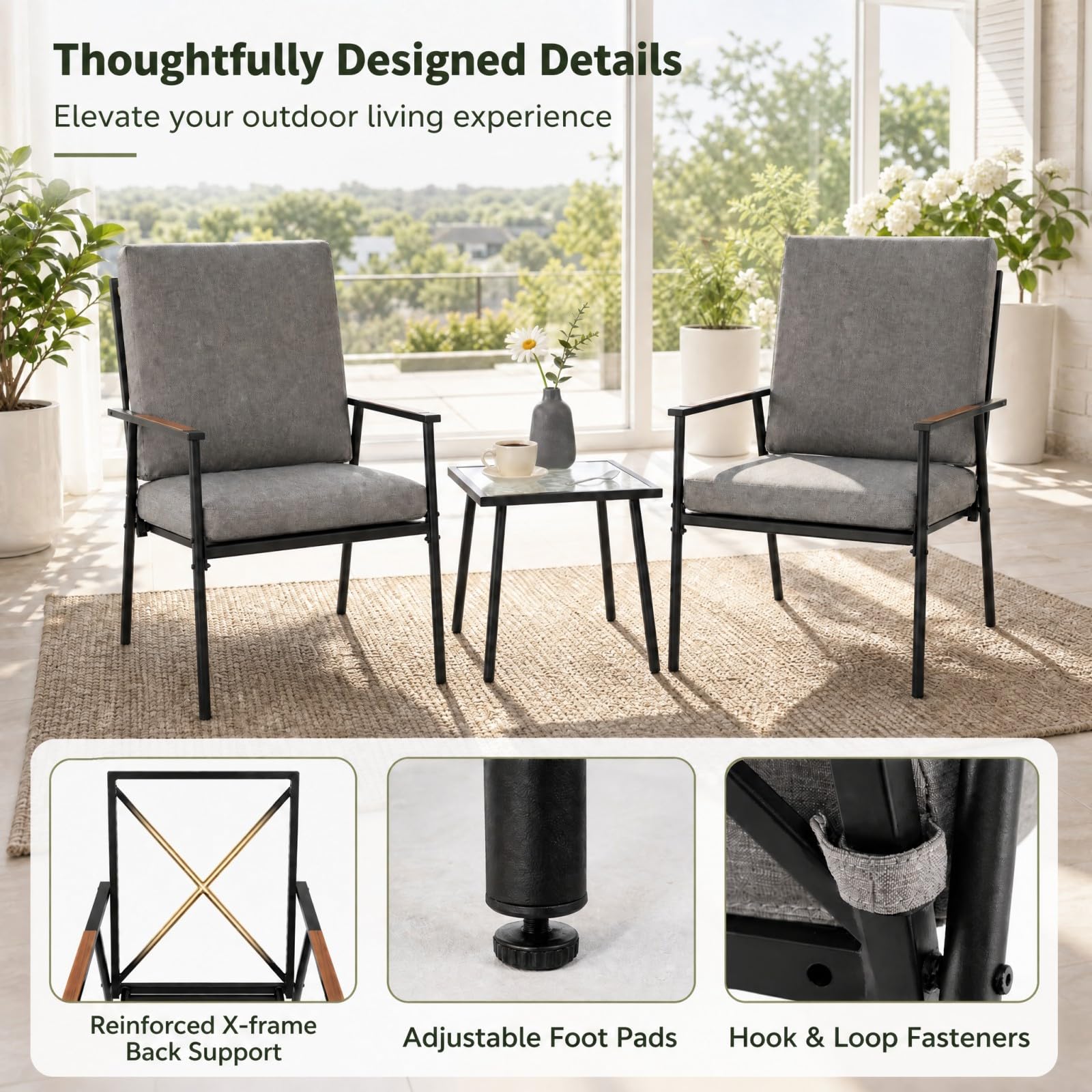 GOPLUS Juego de Muebles de Jardín Exterior de 3 Piezas con 4 Cojines | Conjunto de Conversación de Patio con 2 Sillas, Mesa Auxiliar de Vidrio Templado, Juego de Mesa y Sillas para Terraza Piscina