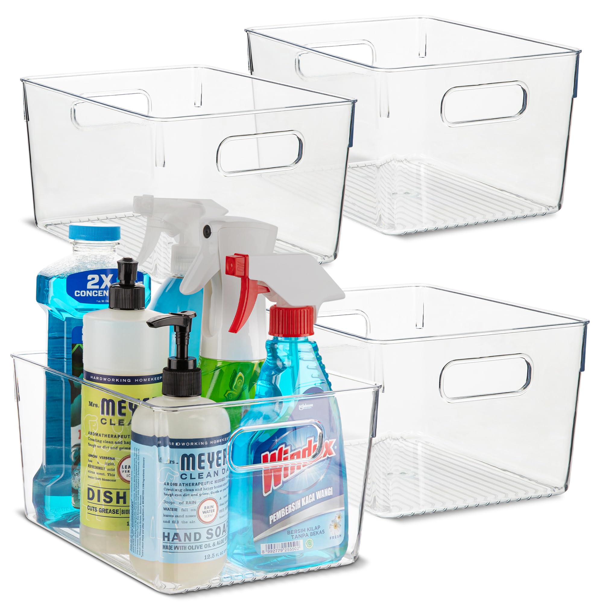 Plastic Food Storage 4 Pack Clear Container Bin with Handles for Organizing Kitchen, Pantry, Refrigerator, Freezer, Pantry, Cabinet, Closet, Bathroom.