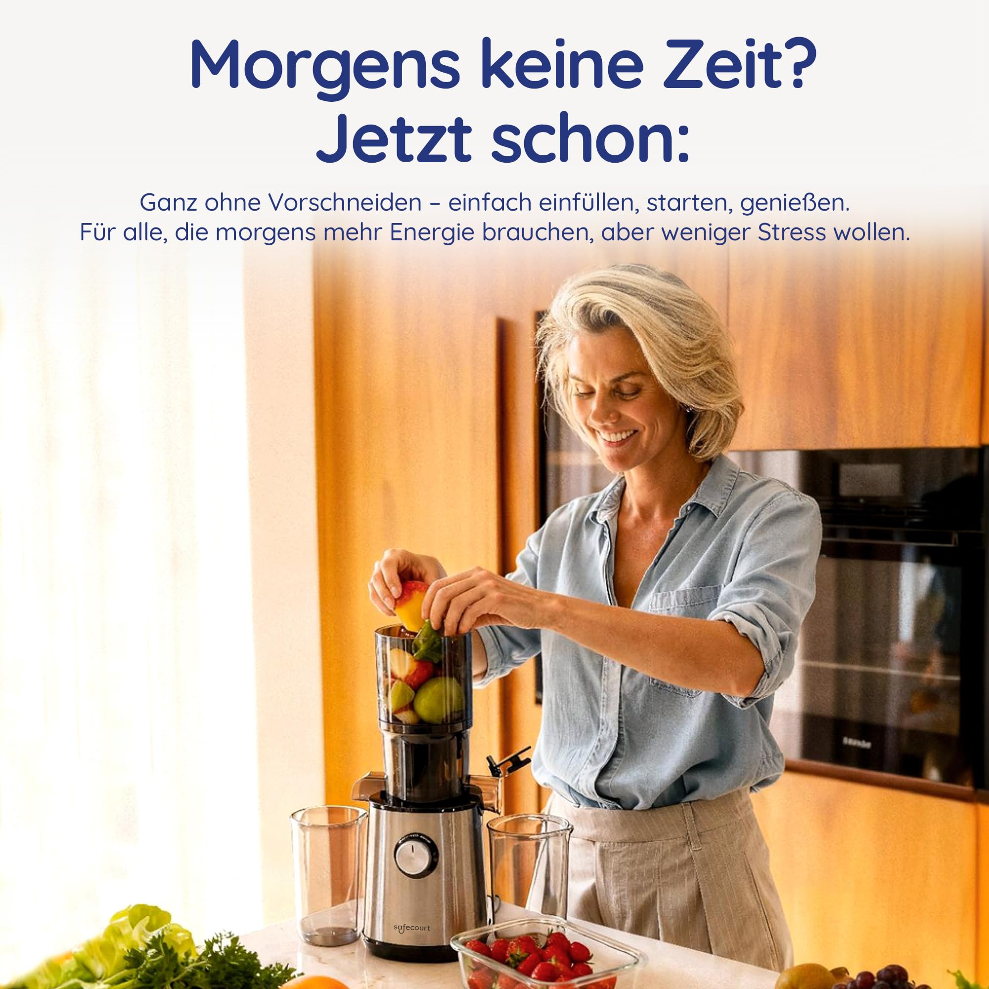 Safecourt Entsafter Gemüse und Obst - Slow Juicer [XXL Einfüllschacht für Ganzes Obst und Gemüse] Saftpresse elektrisch [mit 90% Saftergebnis] - Obstpresse [mit 1.5 Liter Fassungsvermögen] - Silber