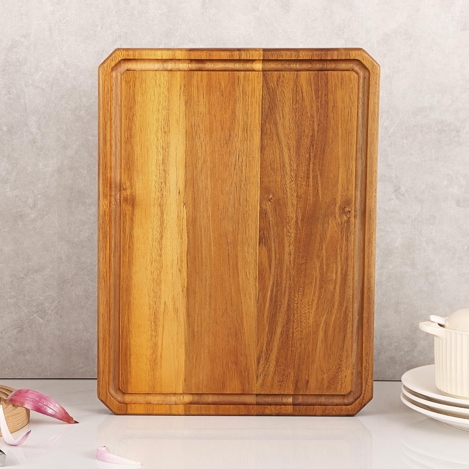 Tablas de cortar de madera de acacia para cocina, tablas de cortar grandes de madera para cortar carne, queso, frutas y verduras, tabla de embutidos extragrande con asas, ranura para jugo