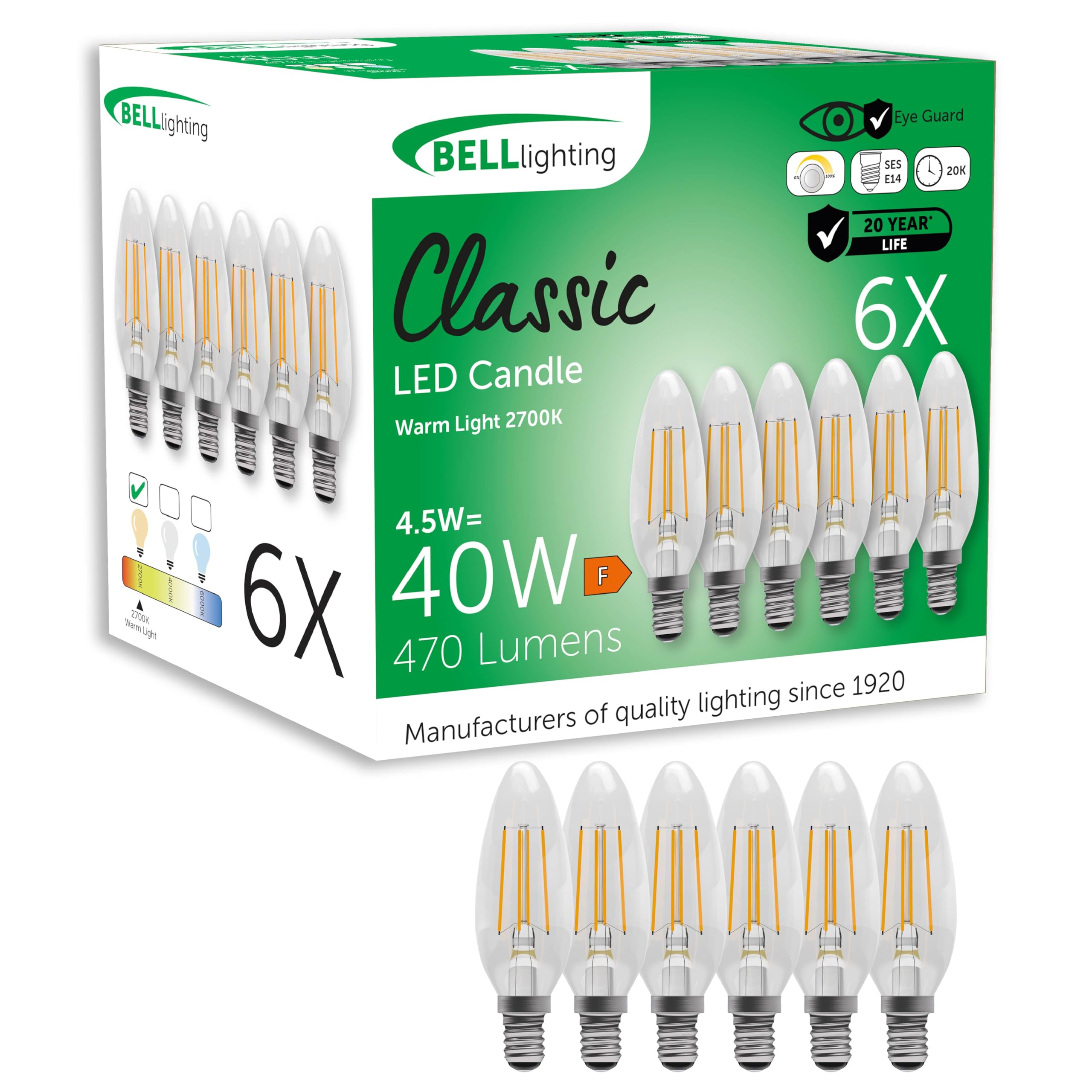 BELL Lighting E14 Small Edison Screw Cap Filament Dimmable Light Bulb LED Candle 6 Pack, Warm White - 2700k