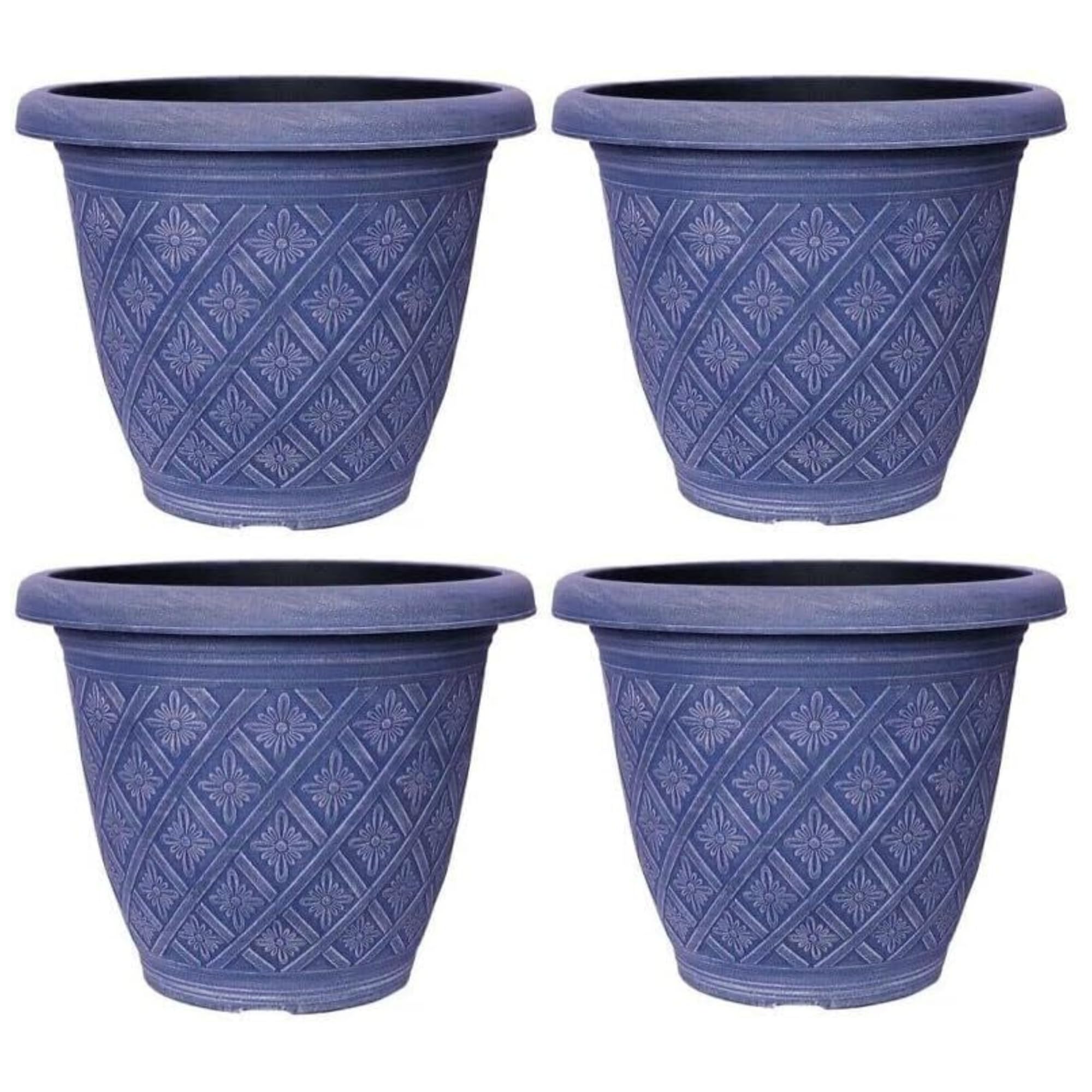 Fyne-Finds Blue Set Of 4 Round 33Cm,13Inch Garden Plant Pot 11Liters Woven Flower Outdoor Decor Planter Frost Proof, Weatherproof, Drainage Hole (Blue)
