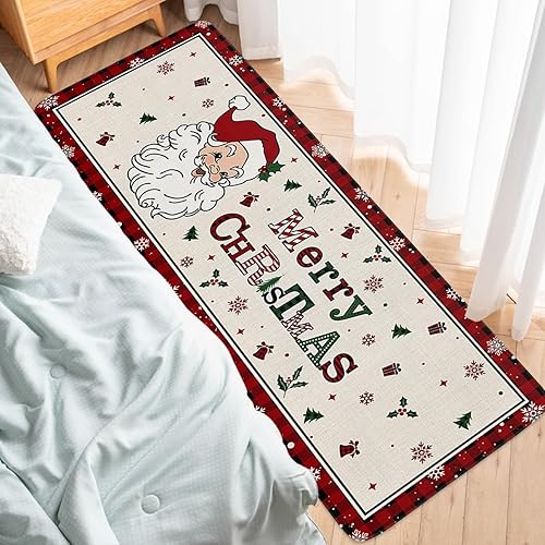 Miniatura 6 de Prime Leader Juego de 2 tapetes de cocina de Feliz Navidad, decoración de Papá Noel, color rojo y negro, a cuadros, antideslizantes, alfombras de