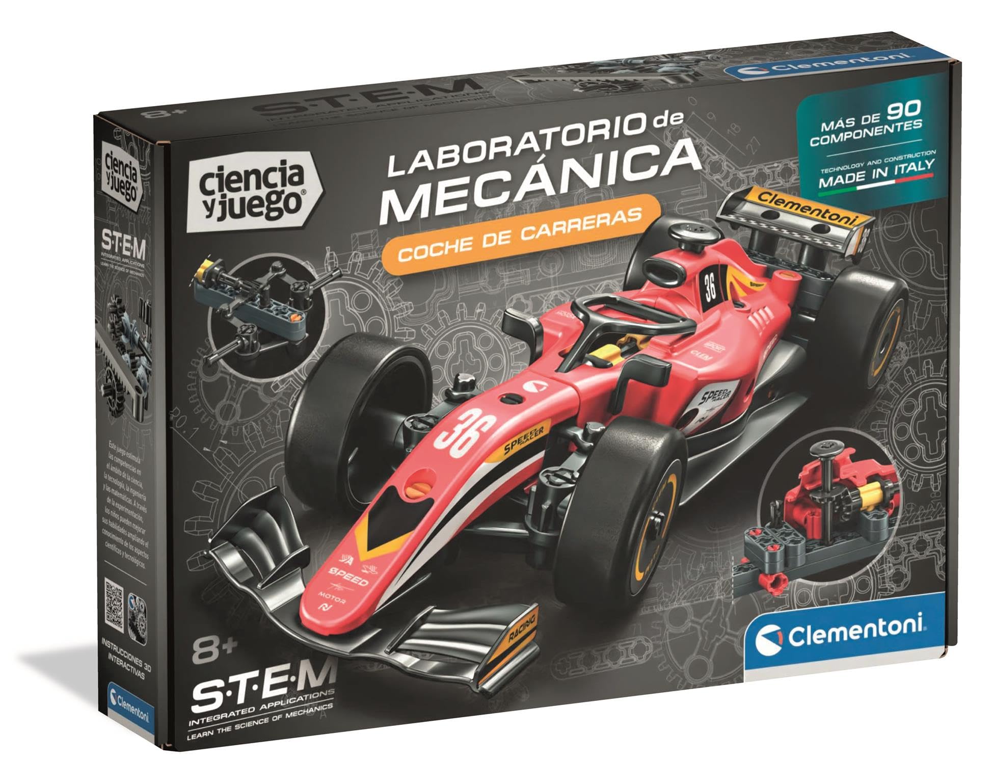 Clementoni - Ciencia y Juego, Laboratorio de Mecánica: Coche de Carreras, Kit de Construcción Stem, +90 Componentes, Edad 8+, Fabricado en Italia, 55672