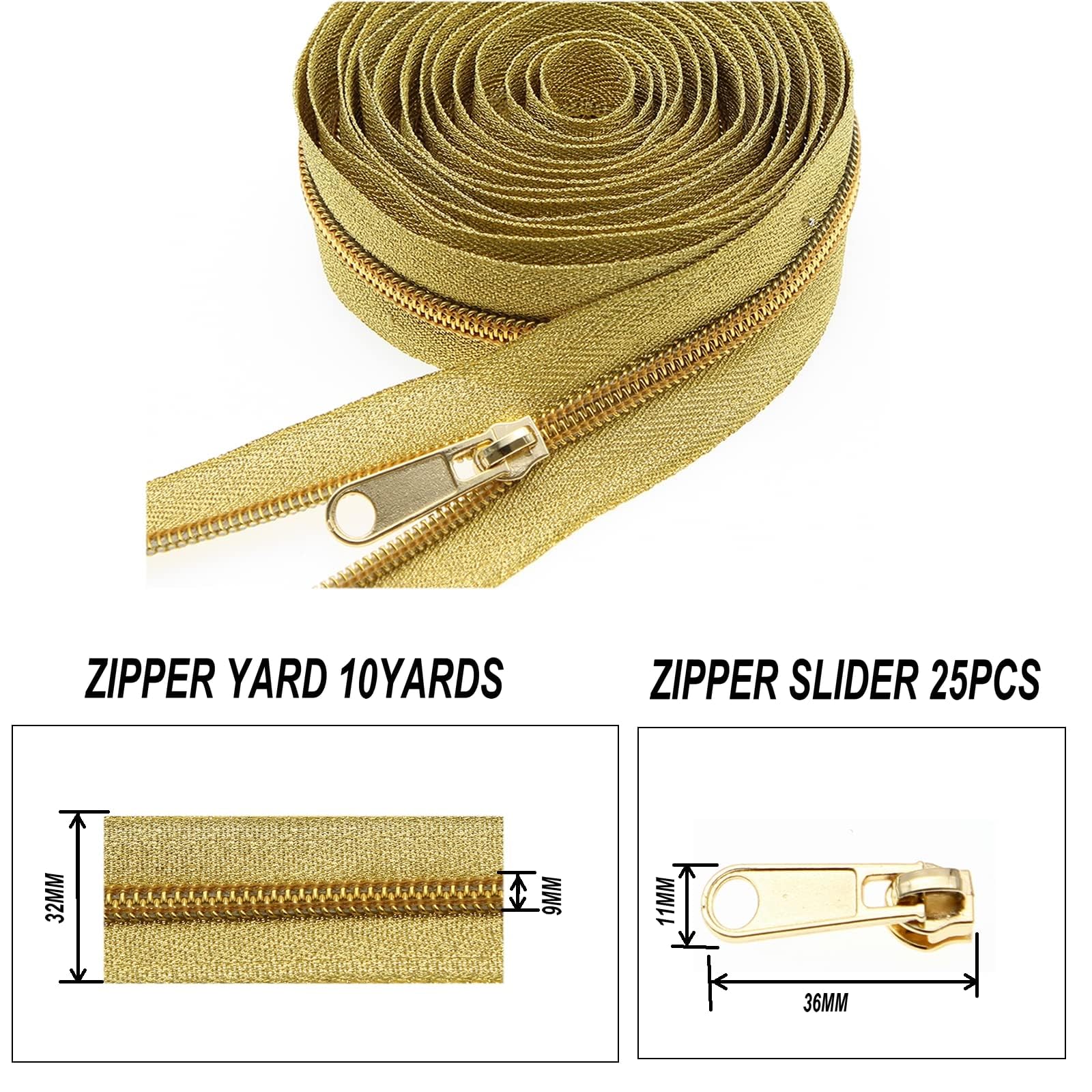 5# Gold Metallic Nylon Coil Zippers by The Yard, Bulk Gold Zipper Tape 10 Yards with 20Pcs Pulls for DIY Sewing Craft Bags YIGUANXIN - Image 3