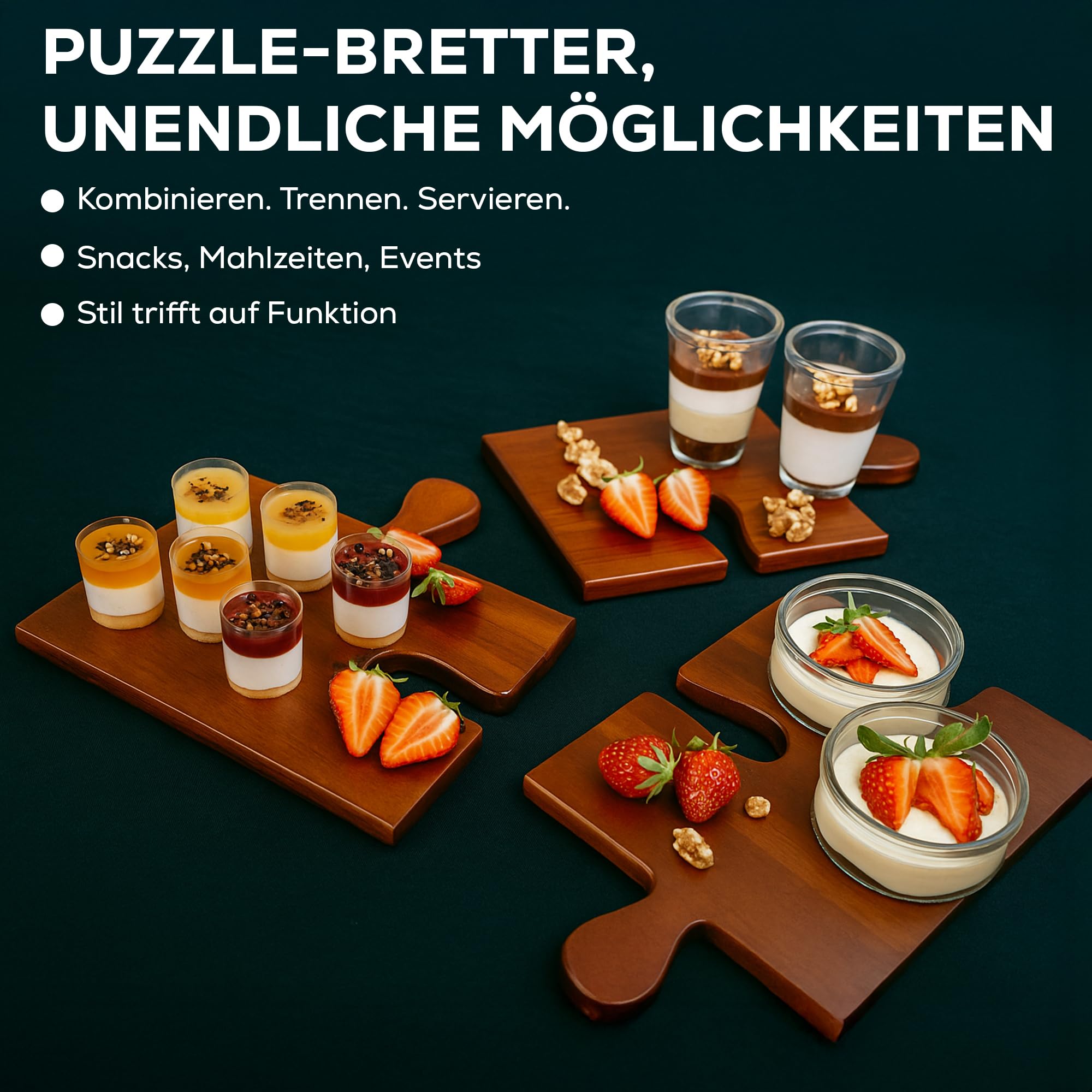 Puzzle Servierbrett 4-teilig aus Akazienholz – Rustikales Frühstücksbrett, Käsebrett & Schneidebrett | Nachhaltiges Holzbrett Set | Geschenkidee für Küche & Abendbrot