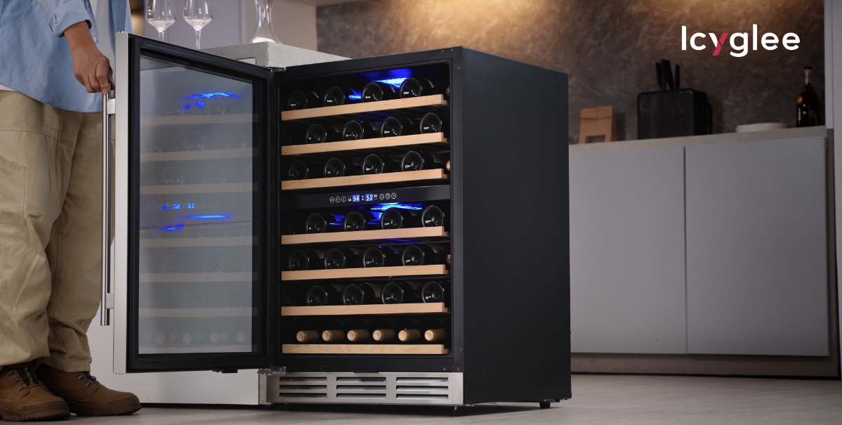 Image of Icyglee 24 inch Wine Fridge Cooler, 54 Bottle Dual Zone Wine Fridge, 40-65F Built in&Freestanding Under Counter Wine Refrigerator with glass door, Wine Cooler for Home Office, Safety Lock