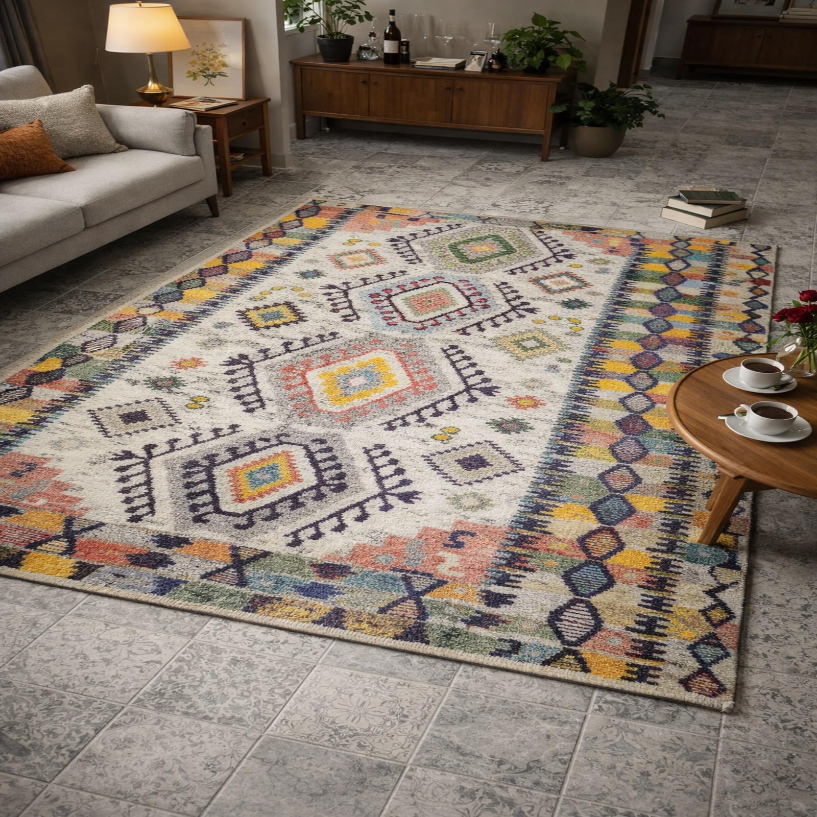 Alfombra de pelo corto para sala de estar familiar geométrica blanca 180x280
