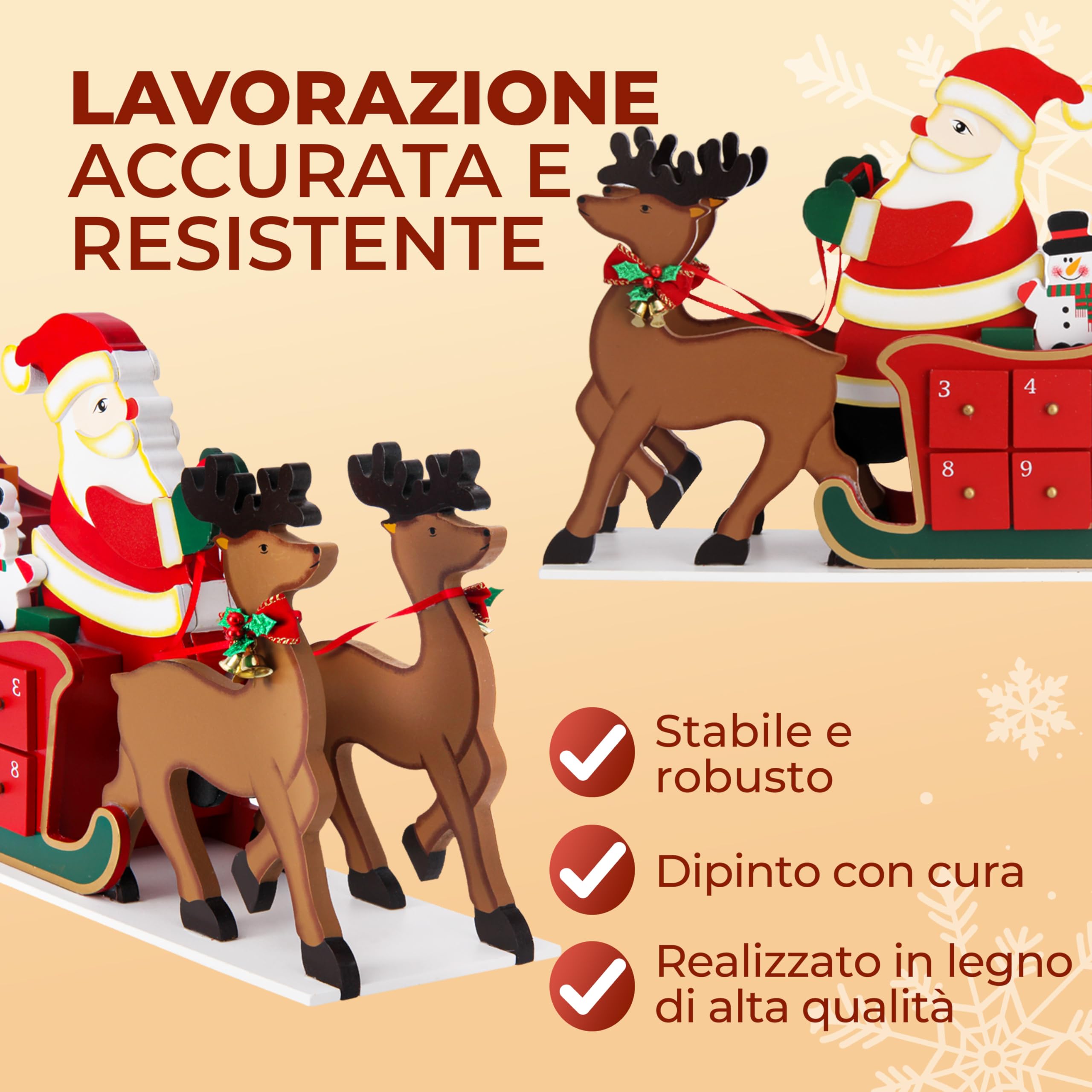 Spielwerk® Calendario dell' Avvento Riutilizzabile in Legno Babbo Natale con Slitta Decorazione Natalizia da Riempire