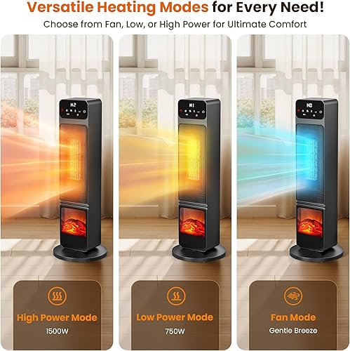 Miniatura 2 de Combo de calentador de torre y ventilador, calentador eléctrico PTC de 1500 W con llama 3D, calentador de espacio de oscilación de 90 para uso en