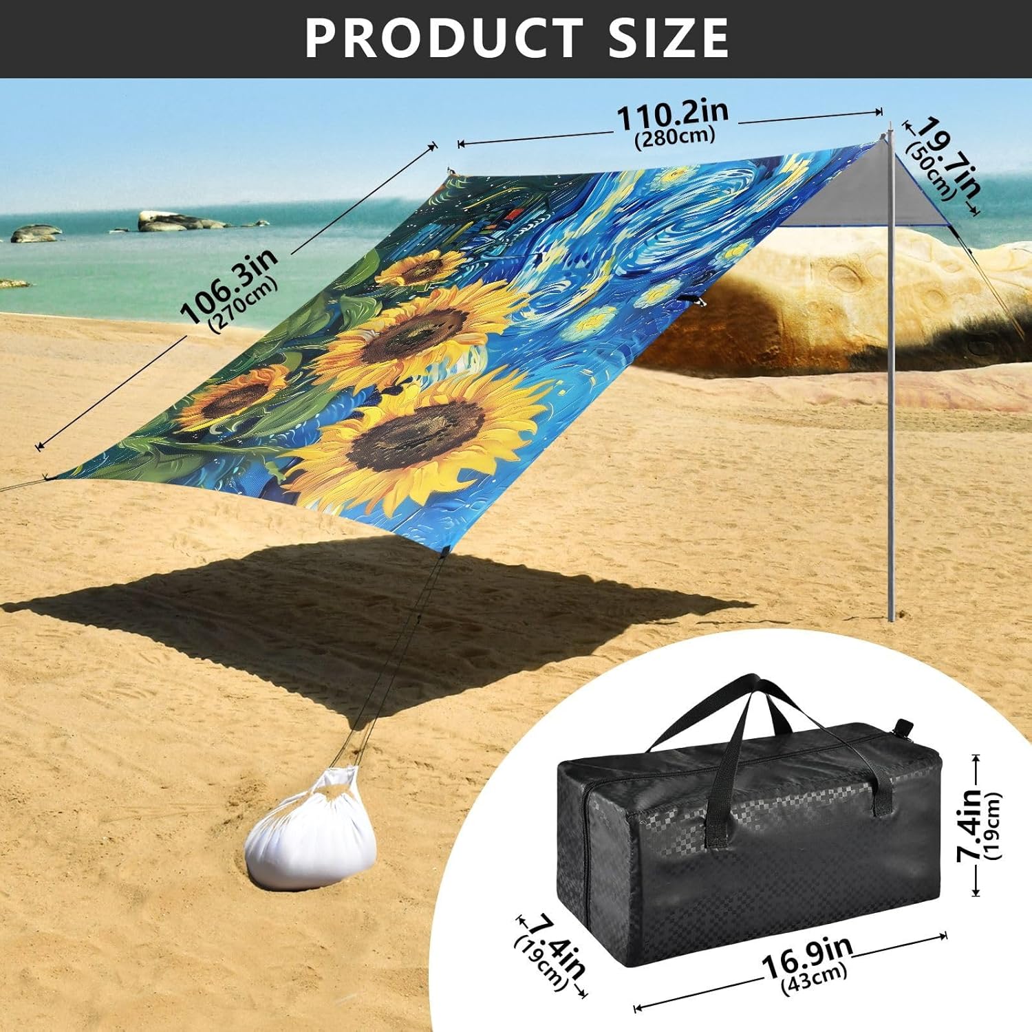 ALAZA Sunflowers Sky Beach Tent Sun Shelter UPF50+ Protection Beach Shade Canopy w/ 4 Sandbags for Outdoor Camping, Fishing, Backyard Fun, Picnic, 10x9 ft
