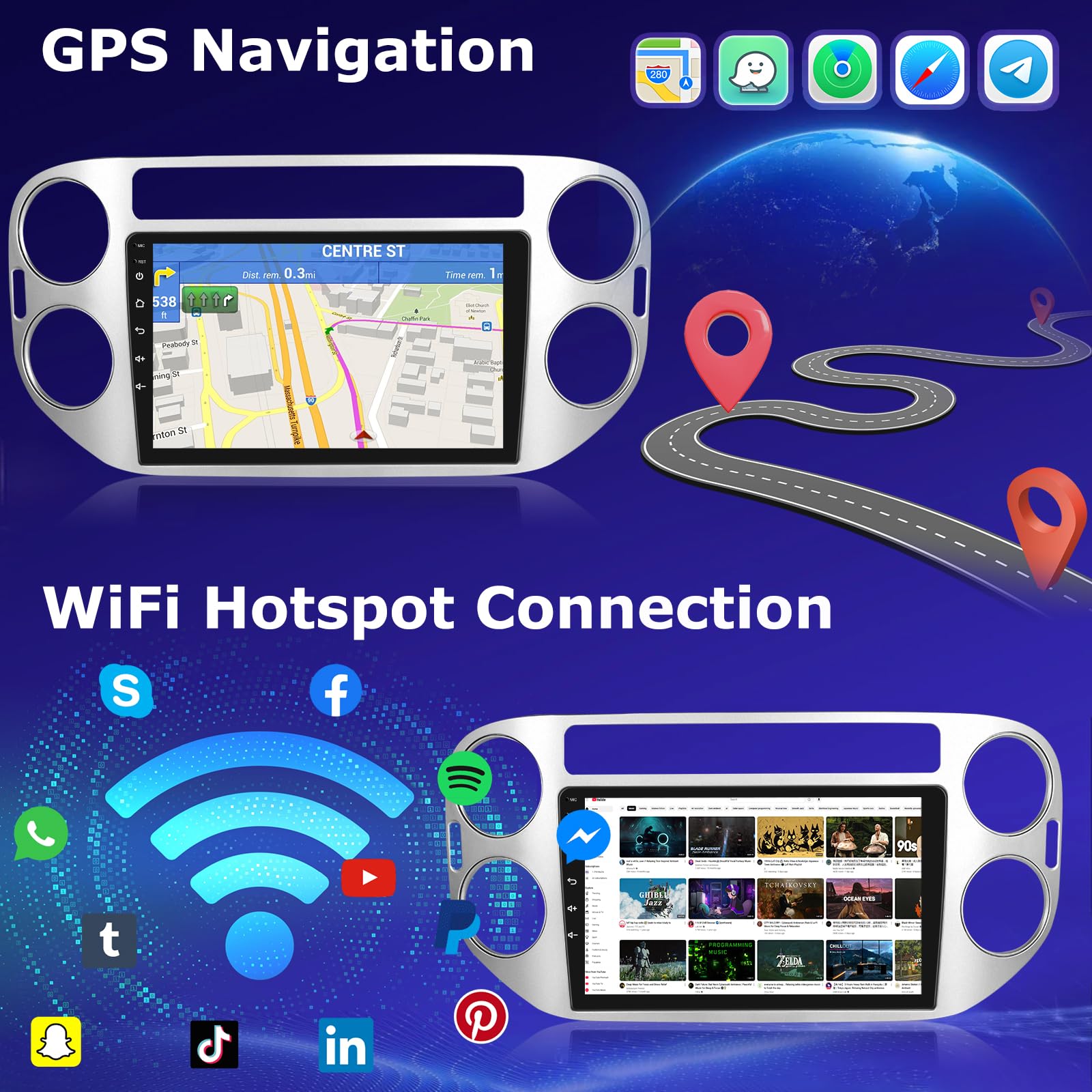 Android Autoradio pour Tiguan VW Volkswagen 2006-2016 avec sans Fil Carplay et Android Auto, [2G+64G] Écran Tactile HD de 9 Pouces avec GPS/WiFi/Bluetooth/EQ/FM RDS
