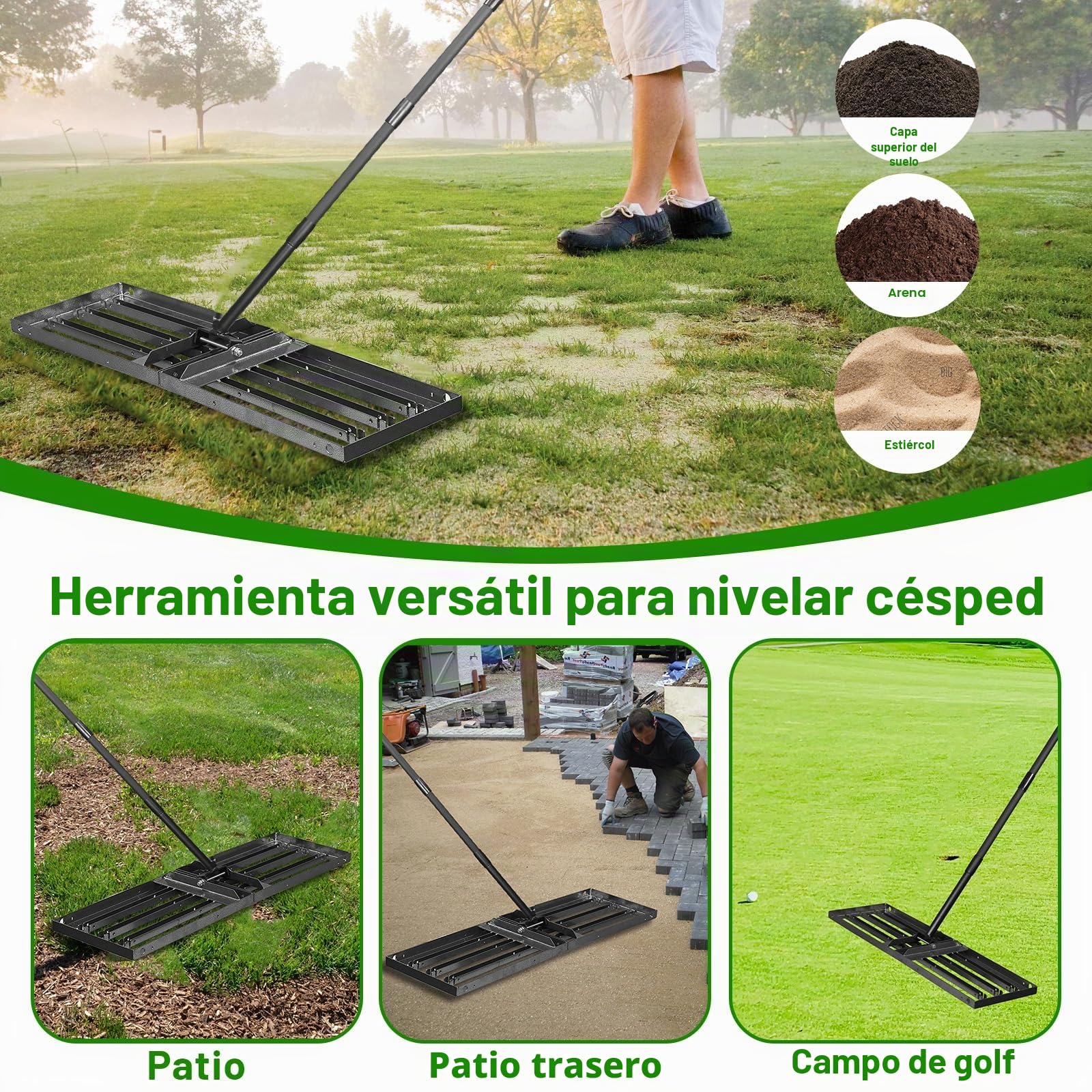 Rastrillo Nivelador de Césped 87x24cm,Herramienta Niveladora de Césped con 172.5cm de Mango Largo Ajustable para Nivelar Tierra,Arena o Suciedad,Nivelador de Césped para Patio,Jardín,Golf Campo,Granja