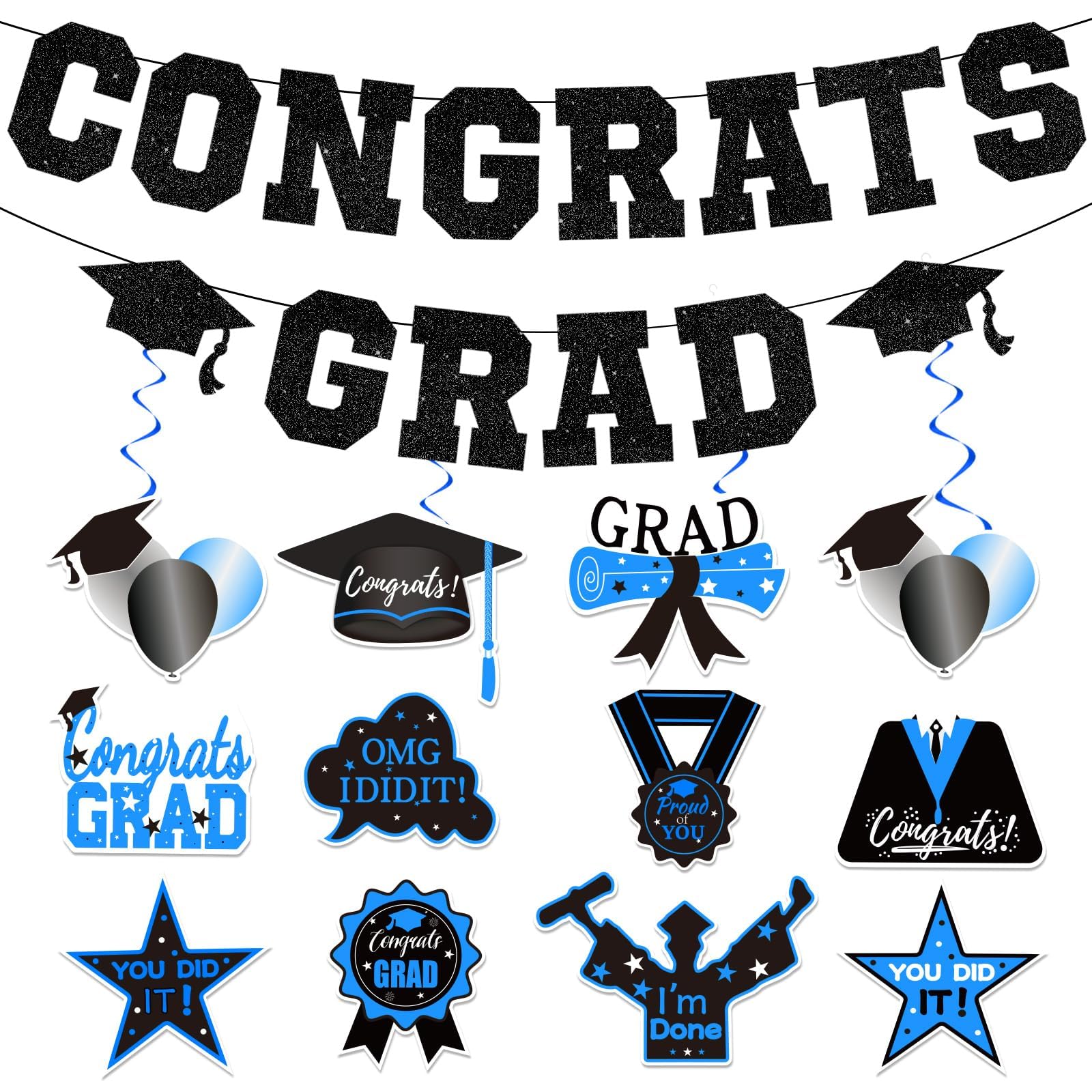Upgraded, 26Pcs Congrats Grad Banner, Premium Black Glitter Graduation Banner with Hanging Swirls, Blue Black Graduation Decorations, for Class of