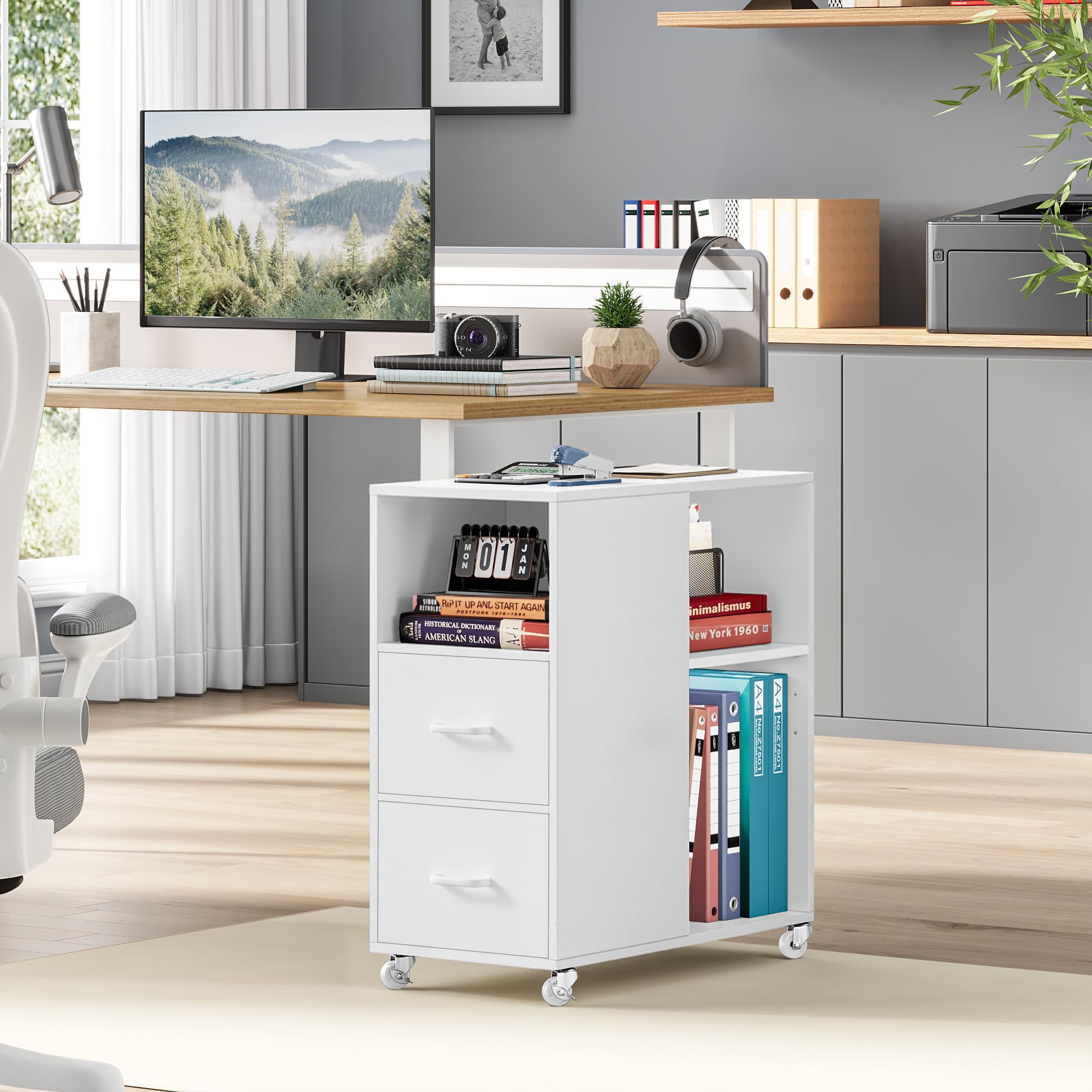 HOCSOK Mesa Auxiliar para Salón Dormitorio y Oficina Mesa Lateral para Sofá y Cama con Ruedas Archivador Móvil con 2 Cajones y 3 Estantes de Madera 60 x 30 x 65 cm (White)