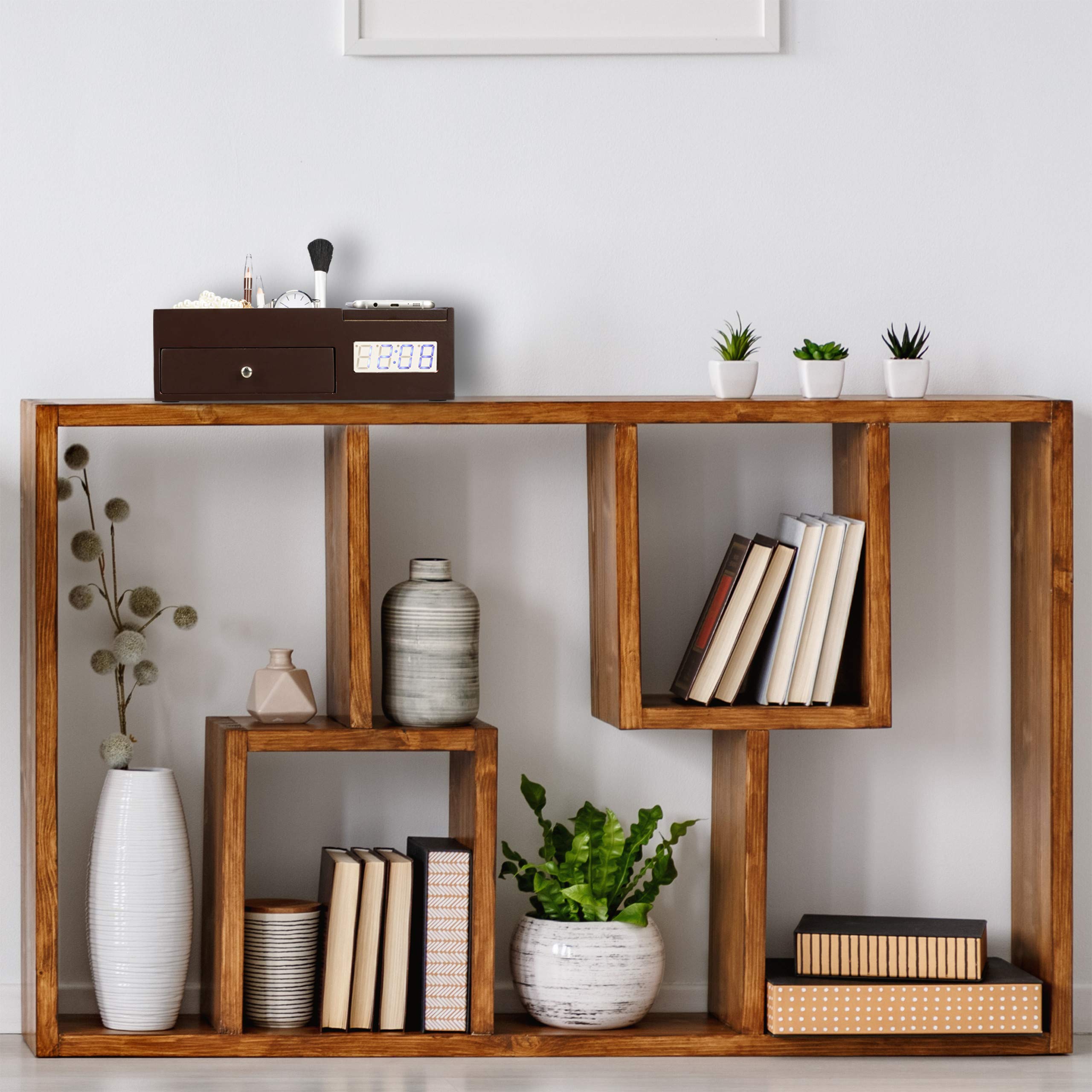Relaxdays Chargeur Induction avec Organisateur de Rangement et Montre Fonction réveil, Chargement sans Fil, Dimensions 8 x 26 x 18 cm, Expresso