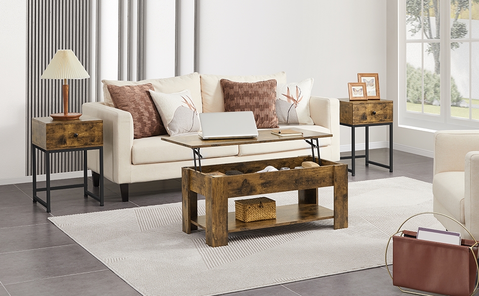 Table Basse Relevable GOKHOMX Avec Rangement - Plateau Adjustable 48-63cm, Bois, Blanc, 96x59cm