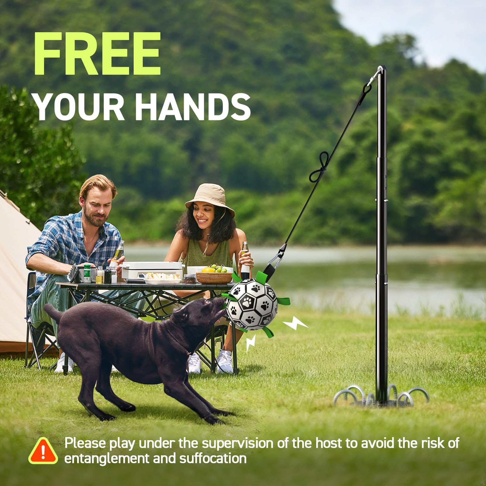 QDAN Tether Tug Jouet d'extérieur pour chien, jouet interactif durable avec poteau réglable, jouet d'extérieur pour chiens, balle de football, jeu personnel et jouet à tirer pour chiens de petite