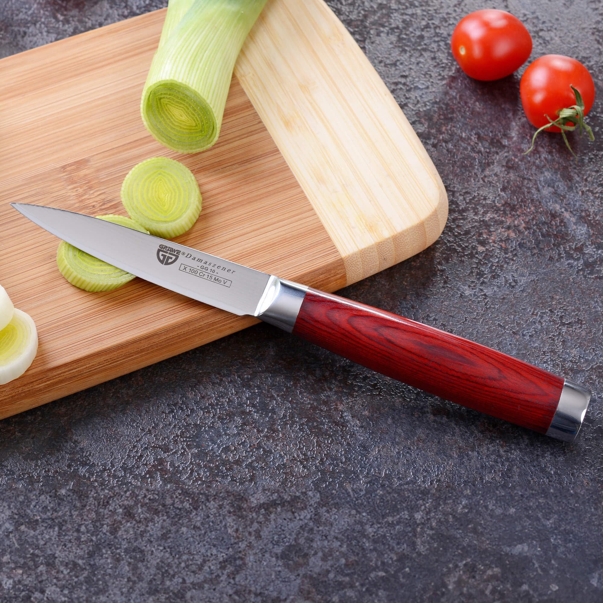 GRÄWE Juego de 4 cuchillos de Damasco Pakkawood, cuchillos de cocina profesionales: cuchillo multiusos Santoku, cuchillo de chef y fileteador, cuchillas afiladas, acero damasco de 66 capas, mango