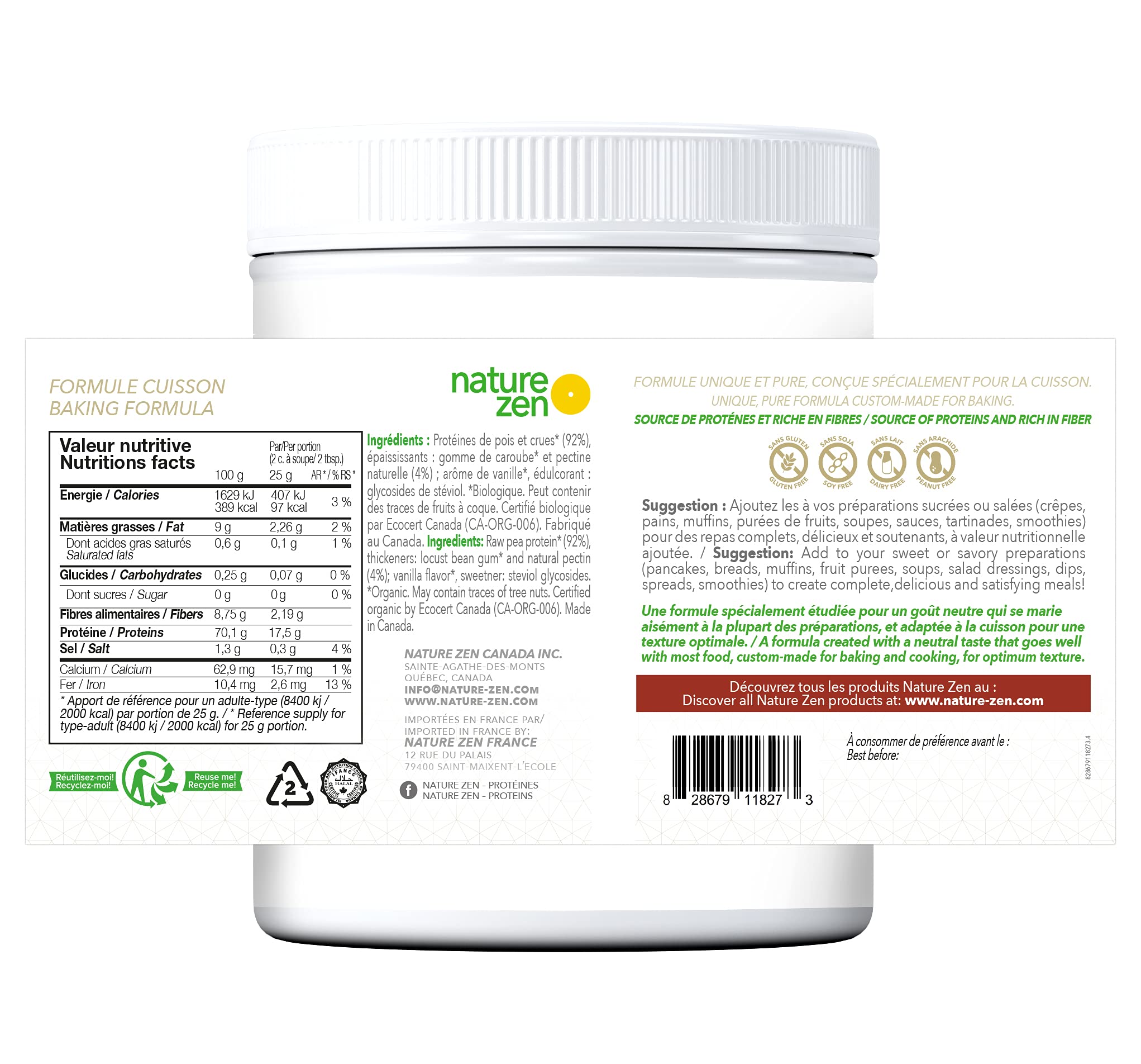 Nature Zen® Origin, Protéine en poudre bio végétale à base de pois uniquement, sans gluten, poudre pour boisson protéinée faible en glucides (250 g, Pois)