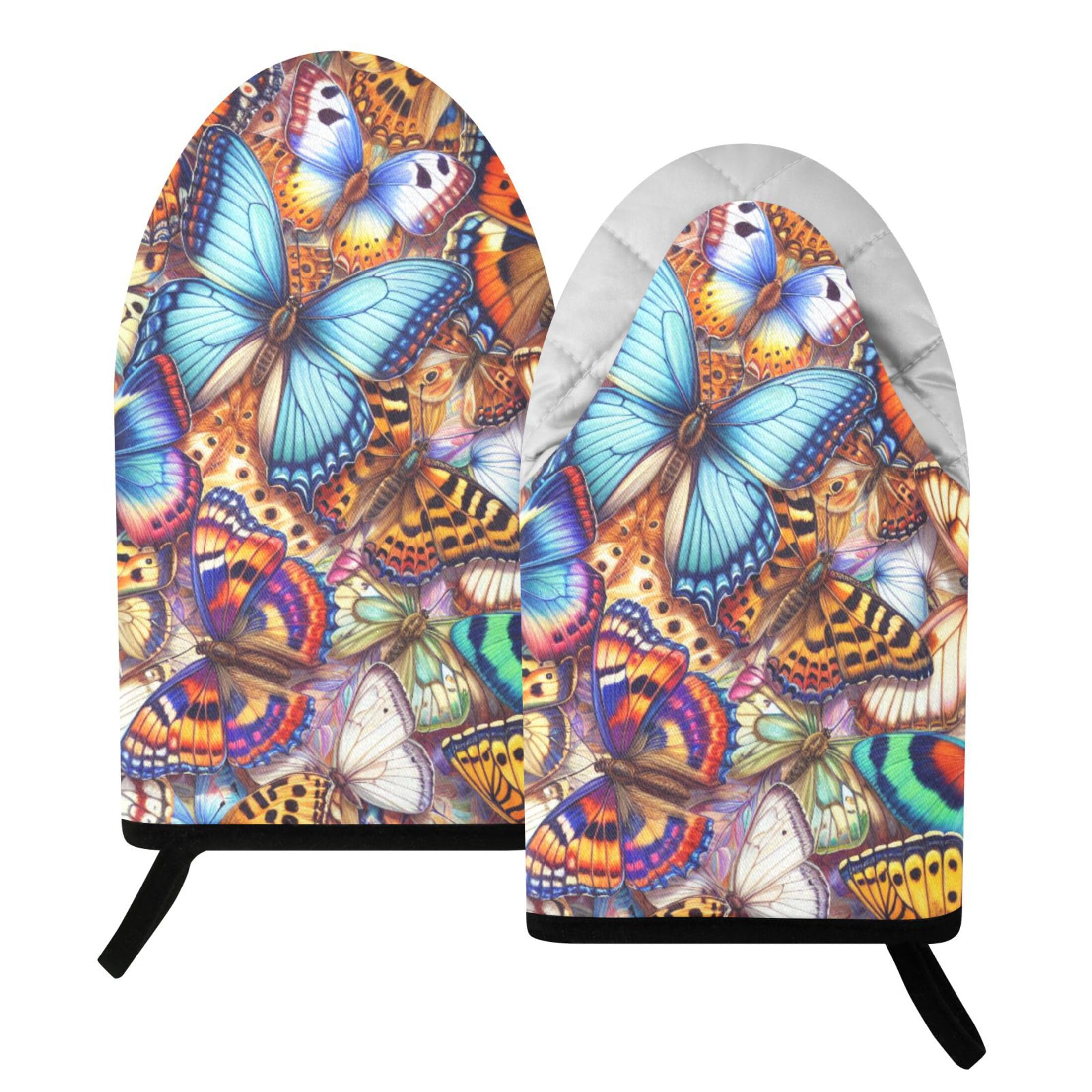 Fuauuyl Oven Mitts Heat Resistant Kitchen Gloves, Vibrant Butterflies Classic Oven Gloves with Hanging Loop for Baking BBQ Cooking Grilling, 1 Pair, 9.5 in