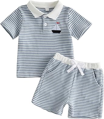Toddler Boy Summer Clothes Striped Short Sleeve Button Shirt Tops Solid Shorts Set 2Pcs Casual Outfit with Pockets