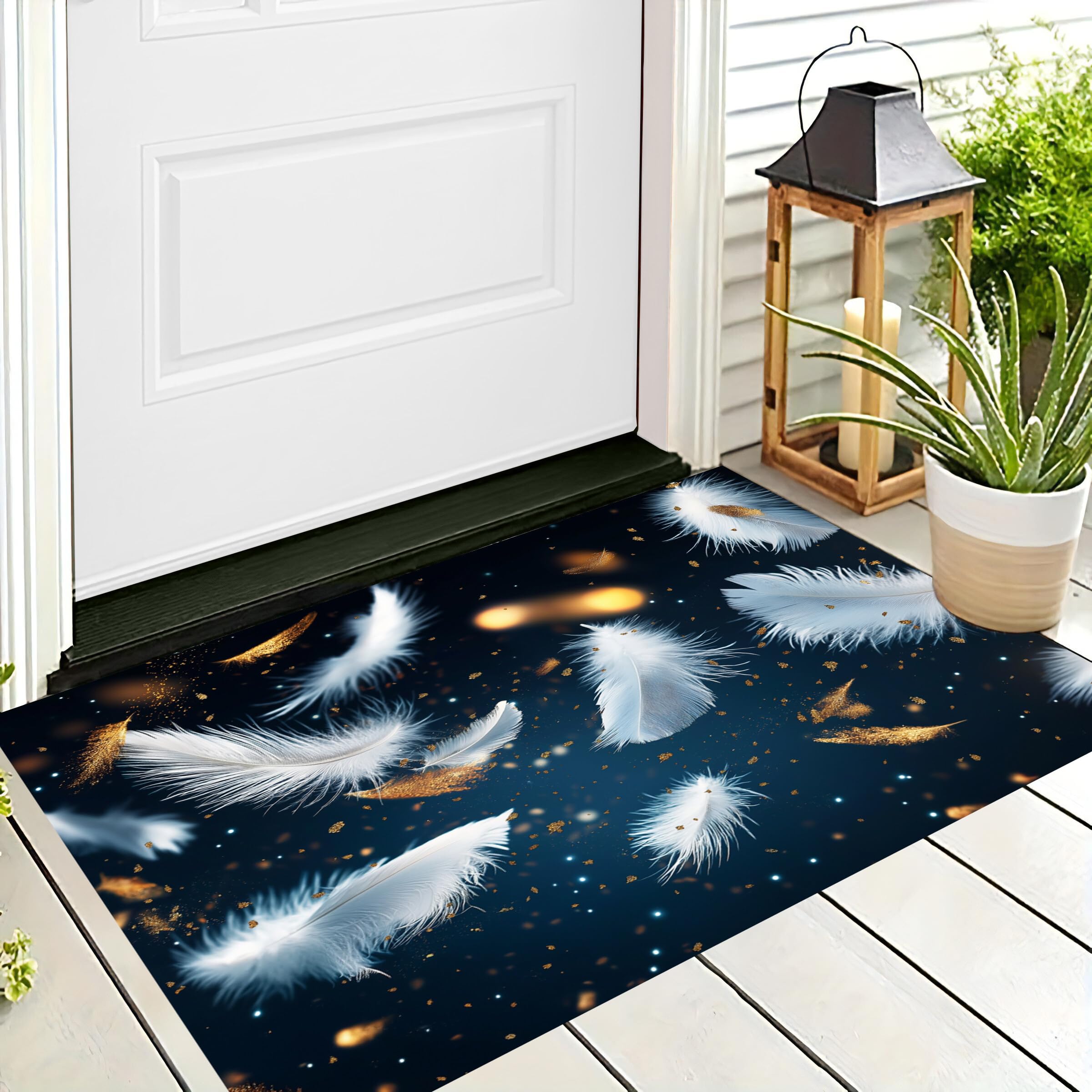 Paillassons intérieur fins de haute qualité motif plumes bleu blanc 60x90