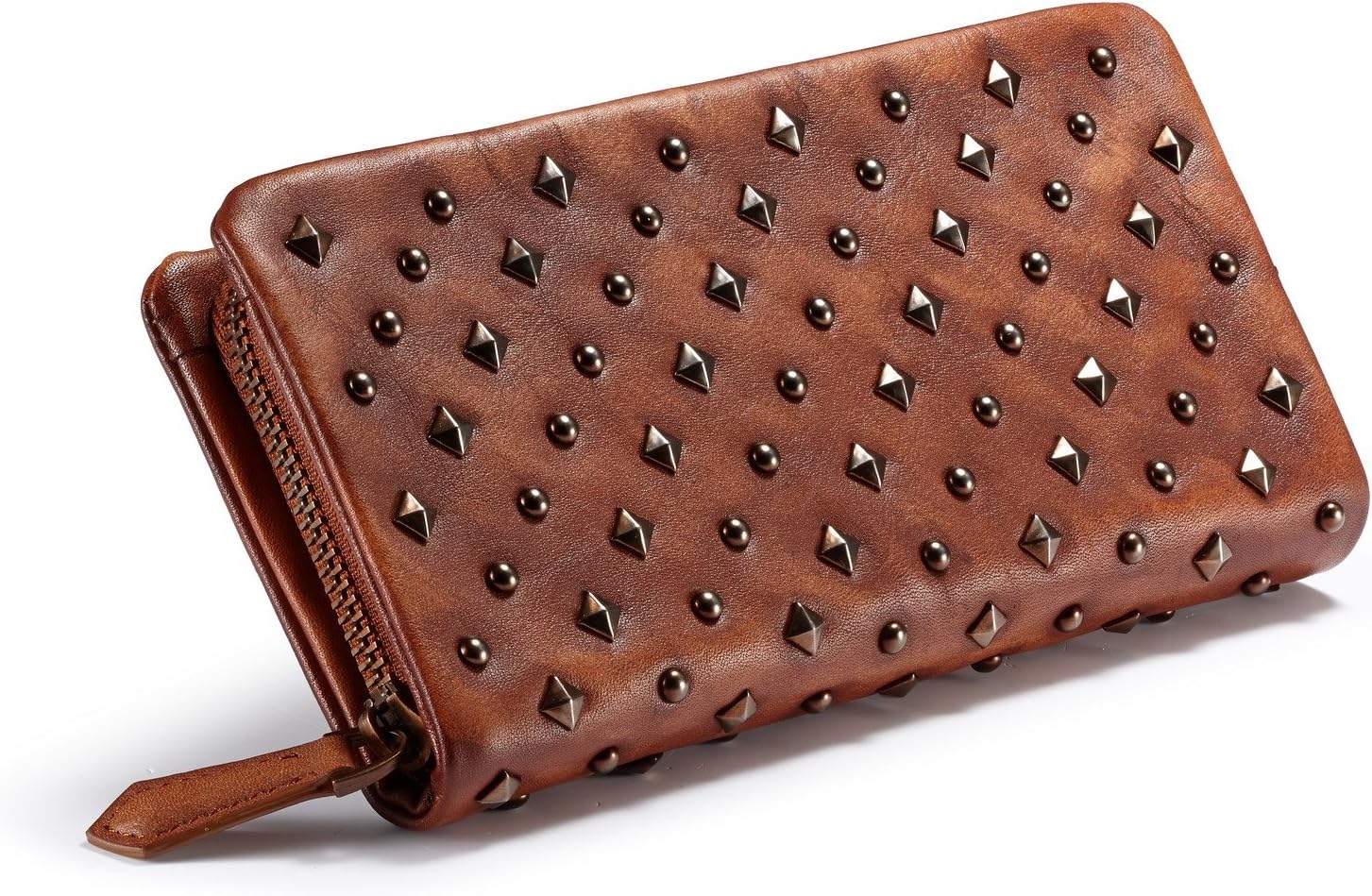 Women’s Luxury Rivet Genuine Leather Classical Evening Party Clutch Bag Wallet Handbag Card Organizer (Brown)