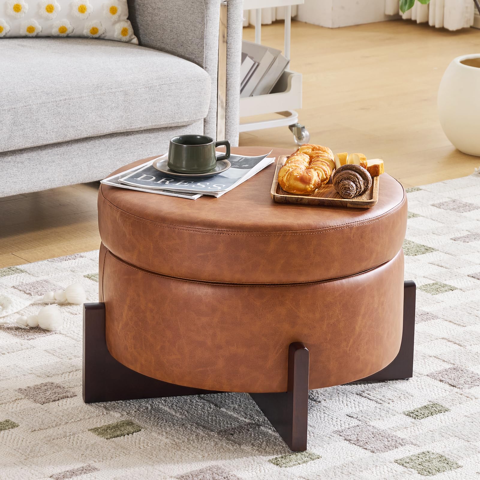 Klmskuk 26Inch Round Storage Ottoman, Modern Leather Ottoman Coffee Table with Removable Top, Upholstered Ottoman with Storage, Footrest Stool for