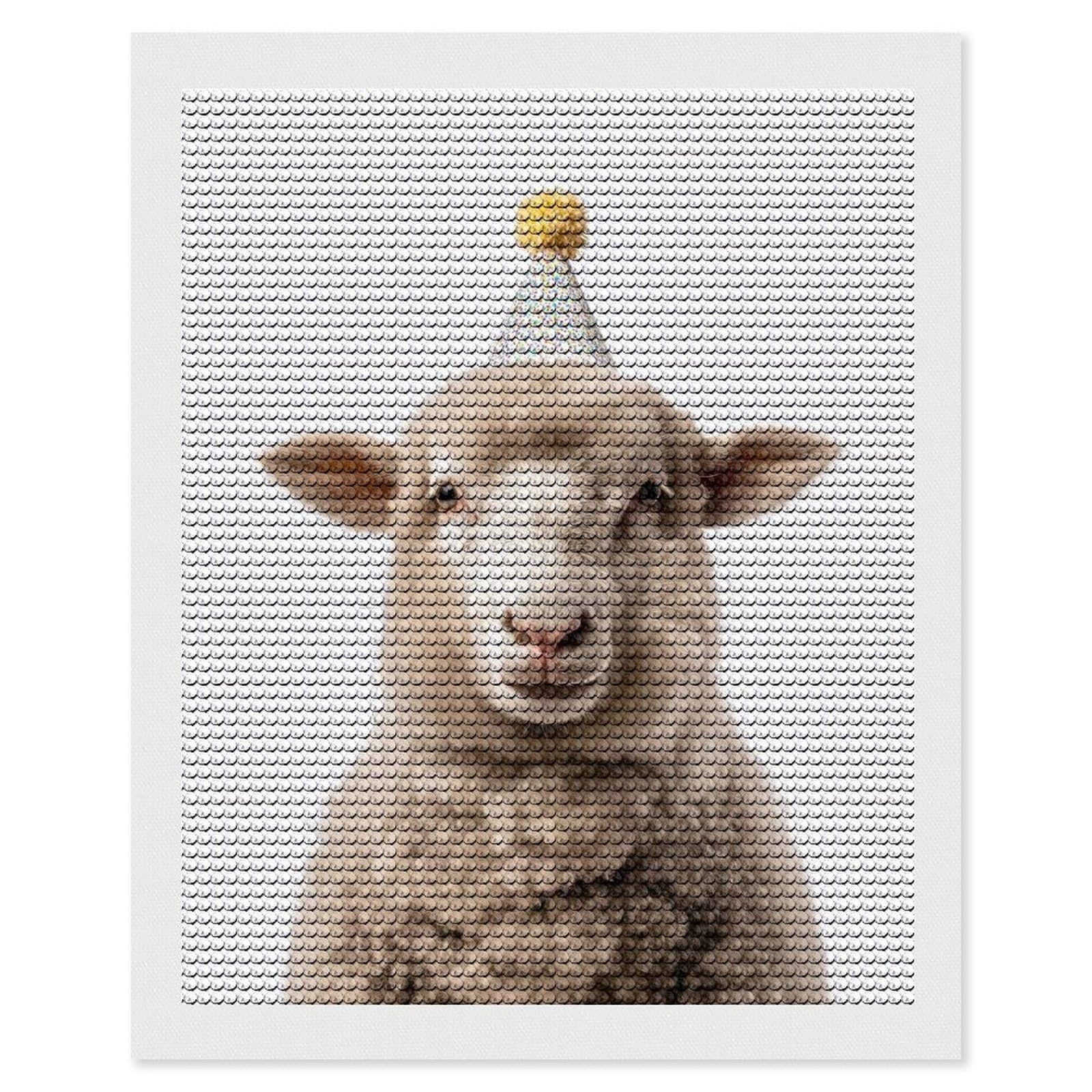 Junmoney Cute Sheep with Party Hat DIY Diamond Art Canvas Kit 16"x20", Adhesive Canvas, Easy to Enjoy, Farmhouse Decor, Festive Craft Gift
