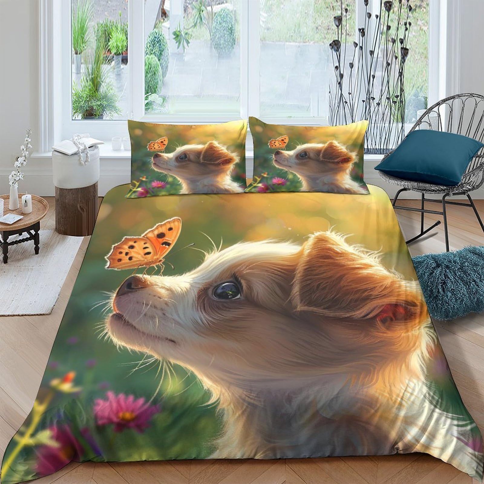 GPLZQXKJNH 3D Printed Puppy Butterfly Duvet Cover Microfiber Soft Breathable Floral Quilt Cover Set with 2 Pillowcases for Bedroom Decor Single（135x200cm）