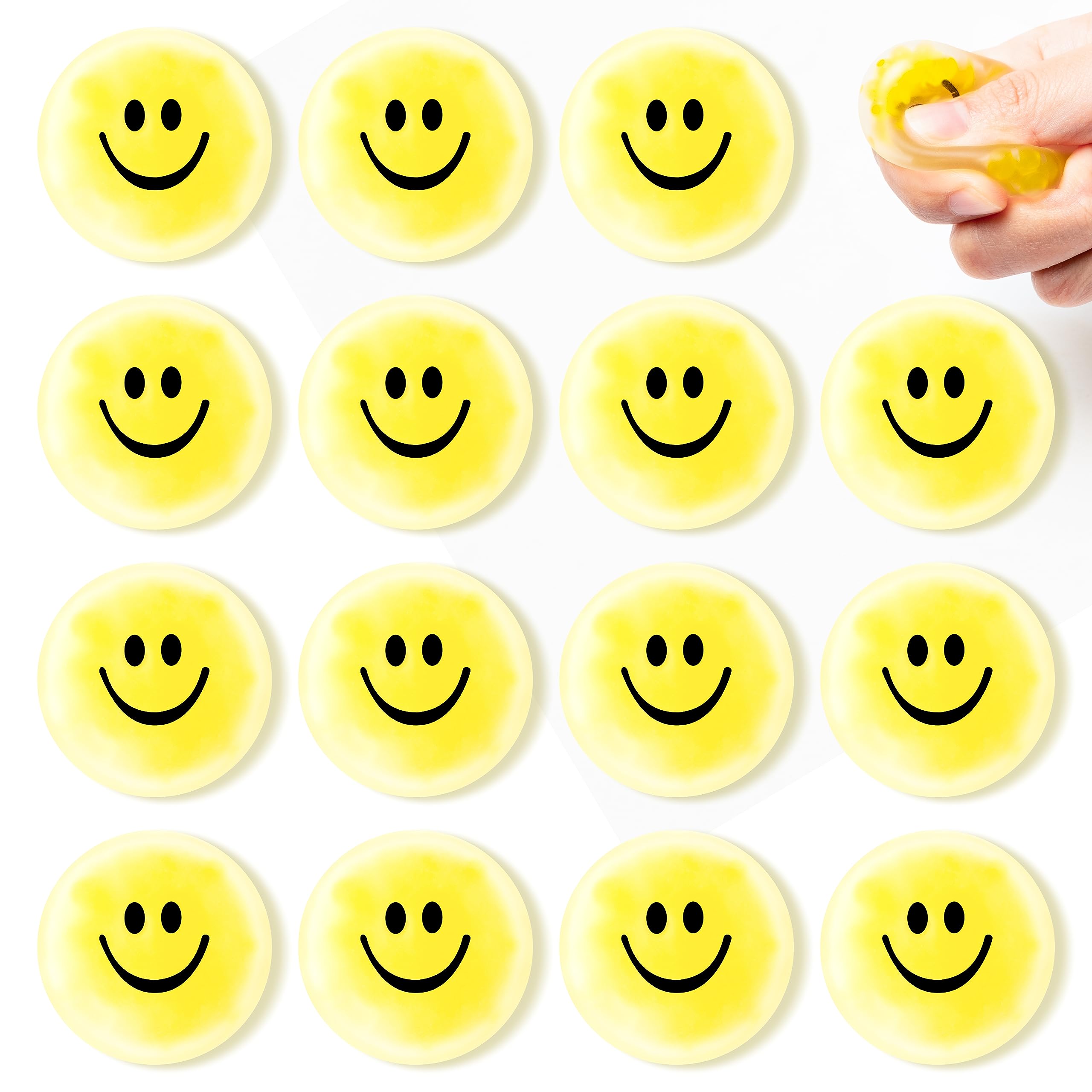 24PCS Mini Yellow Smile Squeeze Balls, Mini Round Face Stress Balls, Sensory Stress Reducing Squeeze Toy with Water Droplets, Finger Exercise School Carnival Reward Work Stress Release supplies