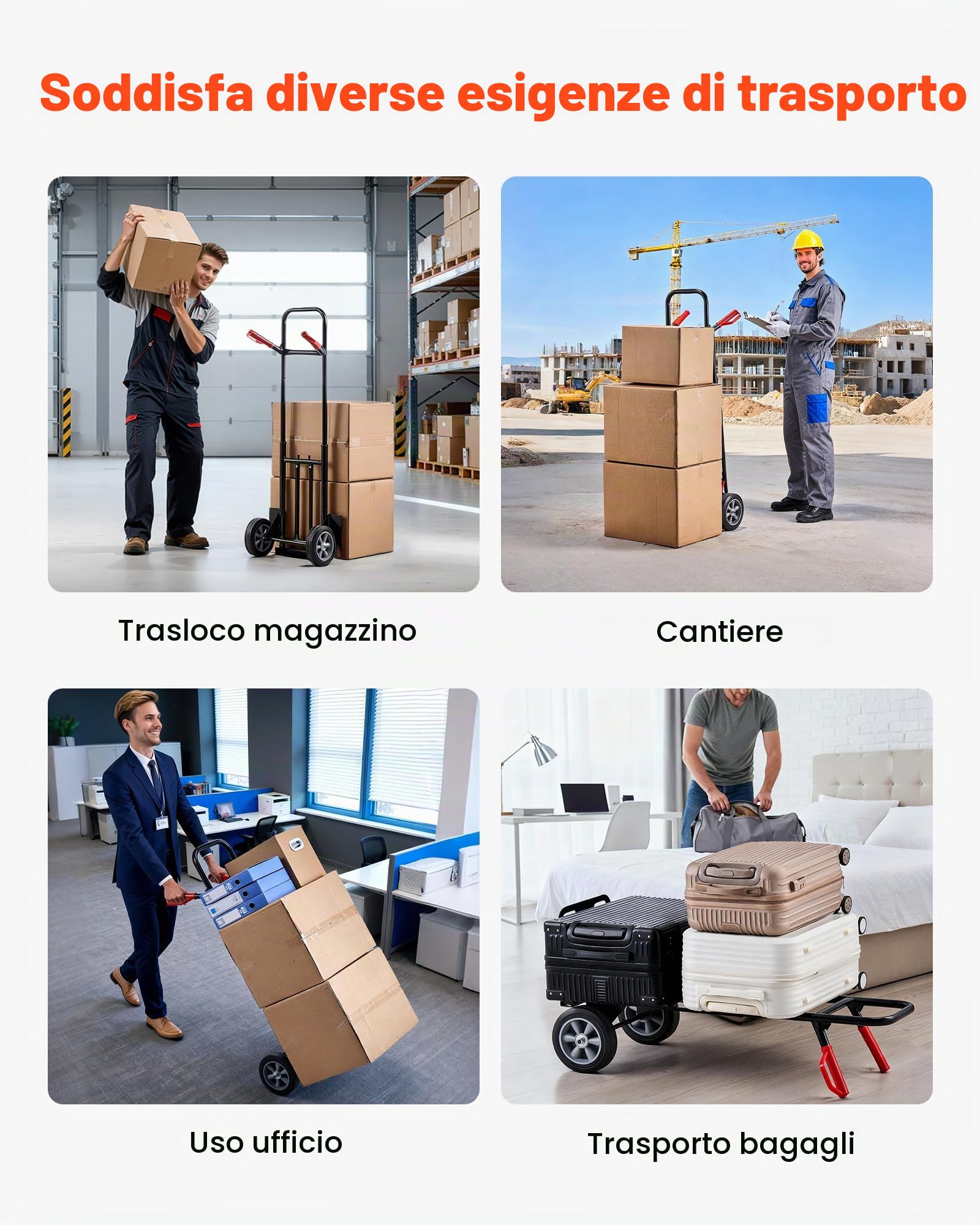 VEVOR Carrello a Mano Capacità di Carico di 272,1 kg Carrello a Mano per Carichi Pesanti con Ruote, Maniglia Telescopica e Cinghia di Ancoraggio per Traslochi di Casa, Ufficio, Magazzino