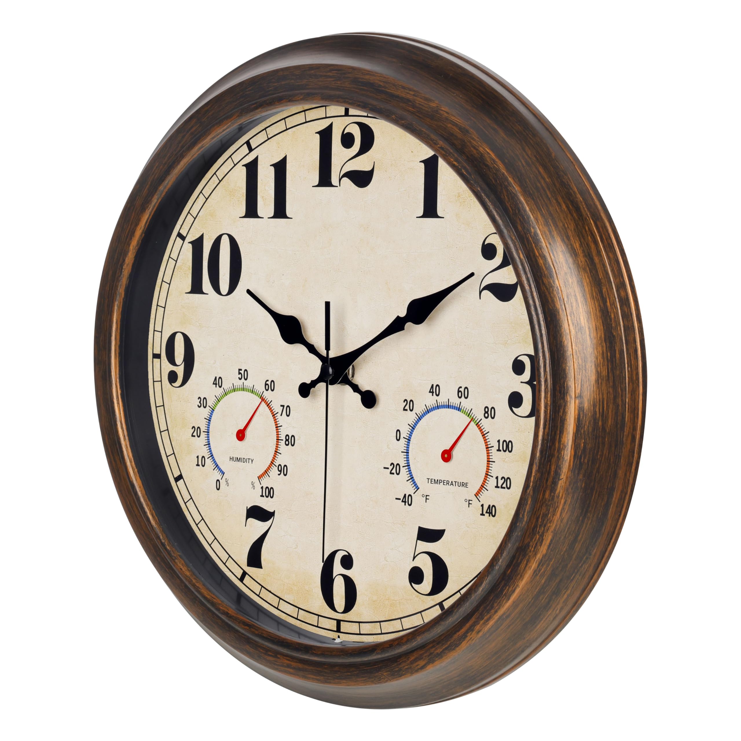 45MinST Zewnętrzny zegar ścienny w stylu vintage, z termometrem i higrometrem, wodoodporny, duże cyfry, cichy, do użytku wewnątrz i na zewnątrz, na werandę, do ogrodu, na basen (brązowy)