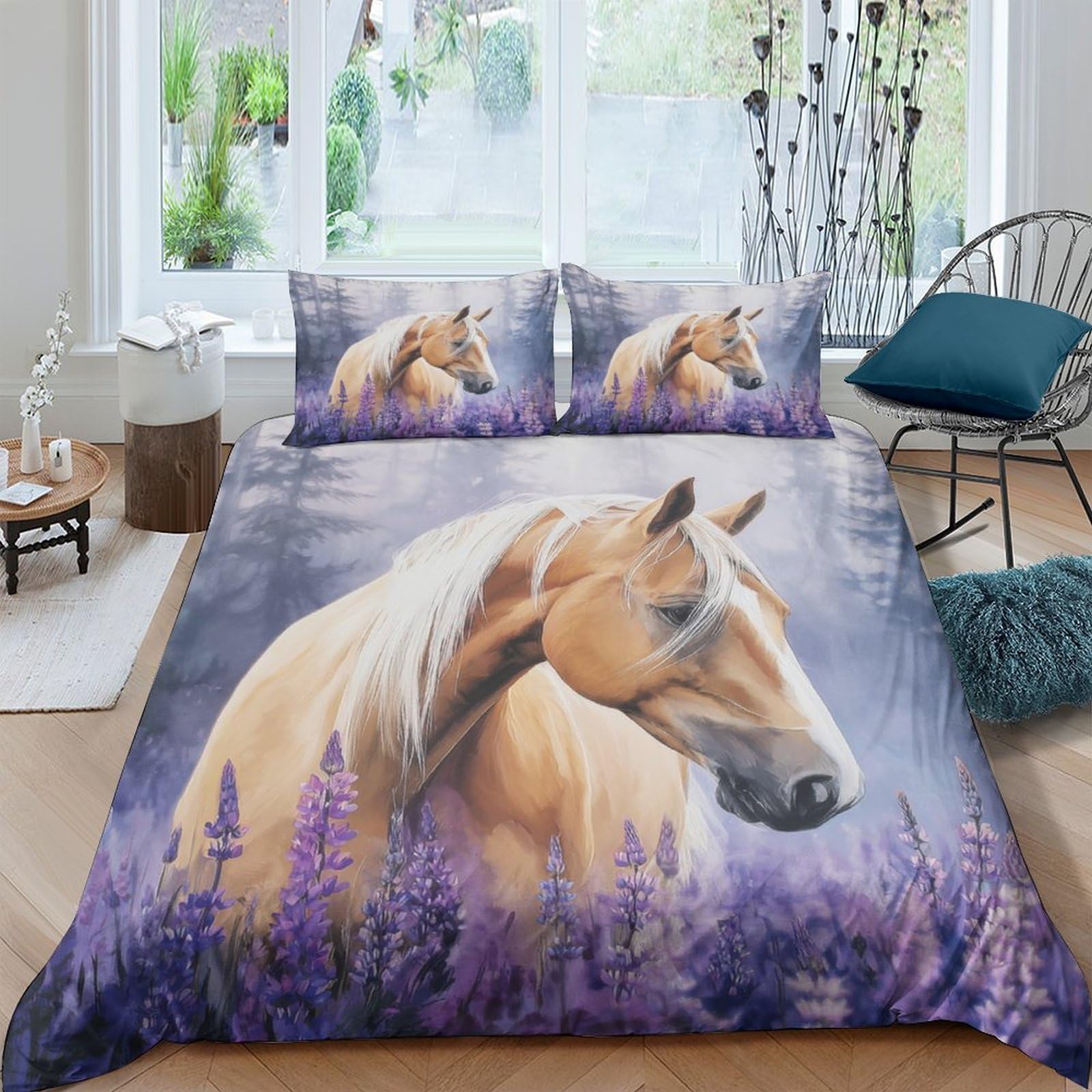 Ctjqhvkz Style-4 3D Printed Golden Horse Lavender Fitted Sheet Microfiber Soft Anti-Slip Bed Cover Bedroom Decor Machine Washable Single（135X200cm）
