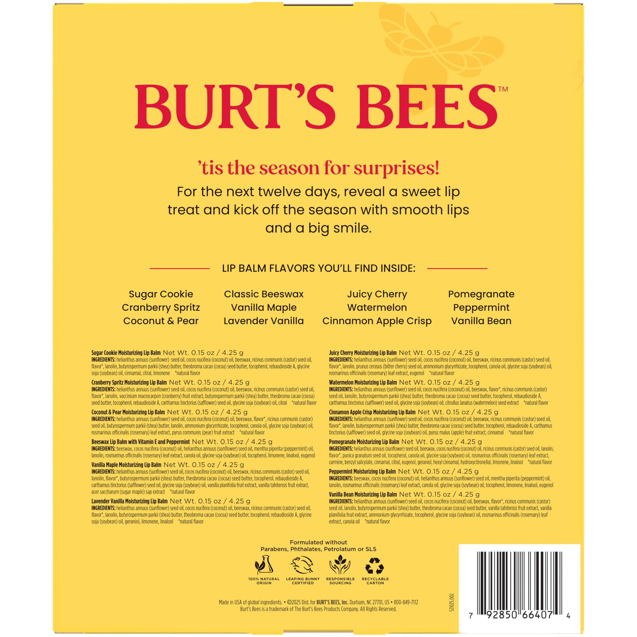 Burt’s Bees 12 Days of Joy Advent Calendar; 12 Surprise Lip Balms Including Juicy Cherry, an Amazon Exclusive; 24 Hour Moisture, 100% Natural Origin, Responsibly Sourced Beeswax, 12 Tubes, 0.15 Oz.