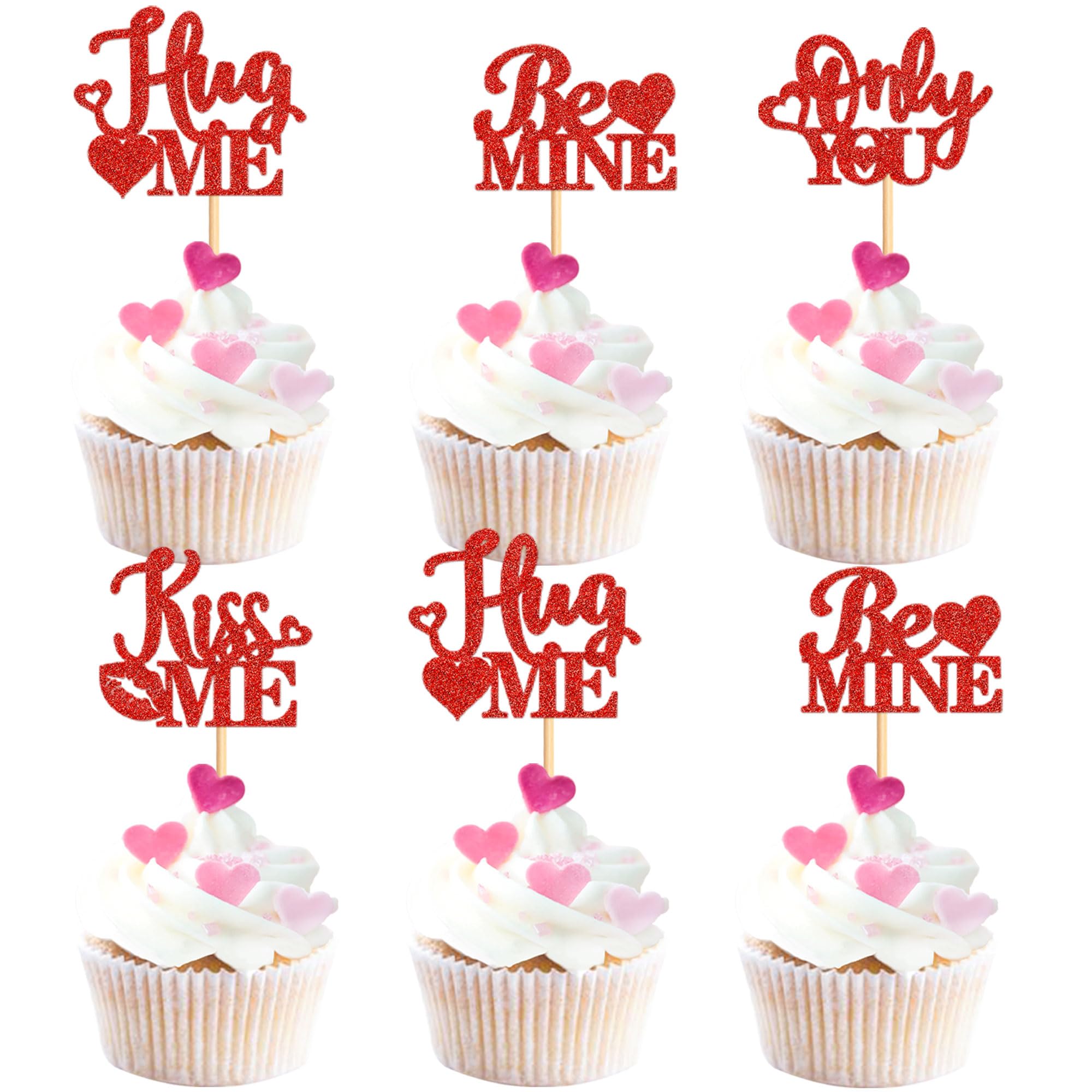 Blumomon 24 Pack Valentines Day Be Mine Cupcake Toppers Red Glitter Hug Me Only You Cupcake Picks Valentines Day Cake Picks for Valentines Day Wedding Party Cake Decorations Supplies