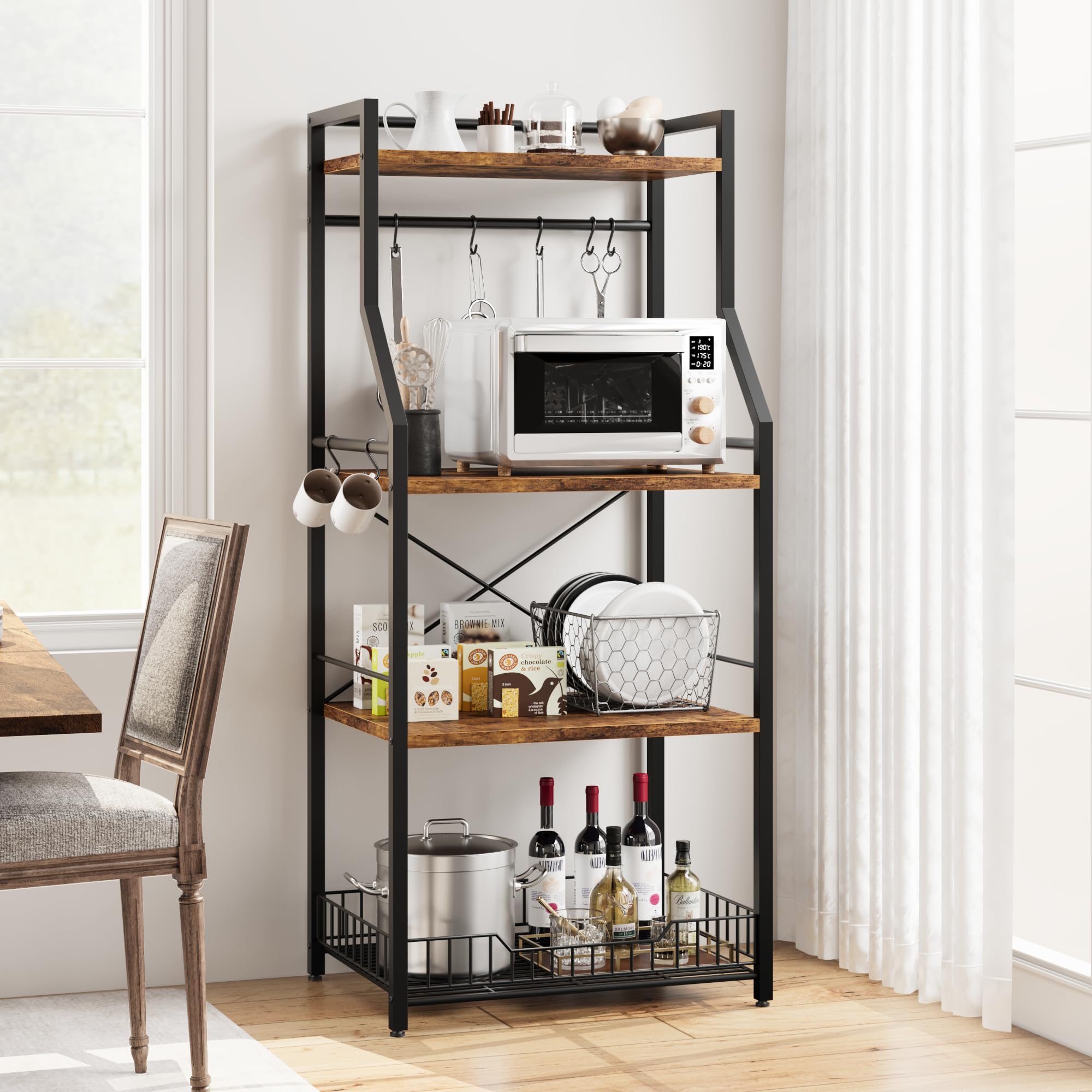 Étagère de Cuisine, Meuble de Rangement à 4 Niveaux,Style Industriel Étagères de Stockage pour Four à Micro-Ondes, Cadre en Acier,60 X 40 X 128CM,Marron Rustique